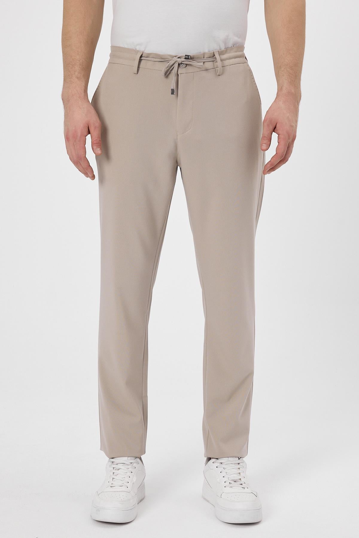 Erkek Slim Fİt Beli Lastikli İpli Fermuarlı Likralı Rahat Bej Jogger Pantolon