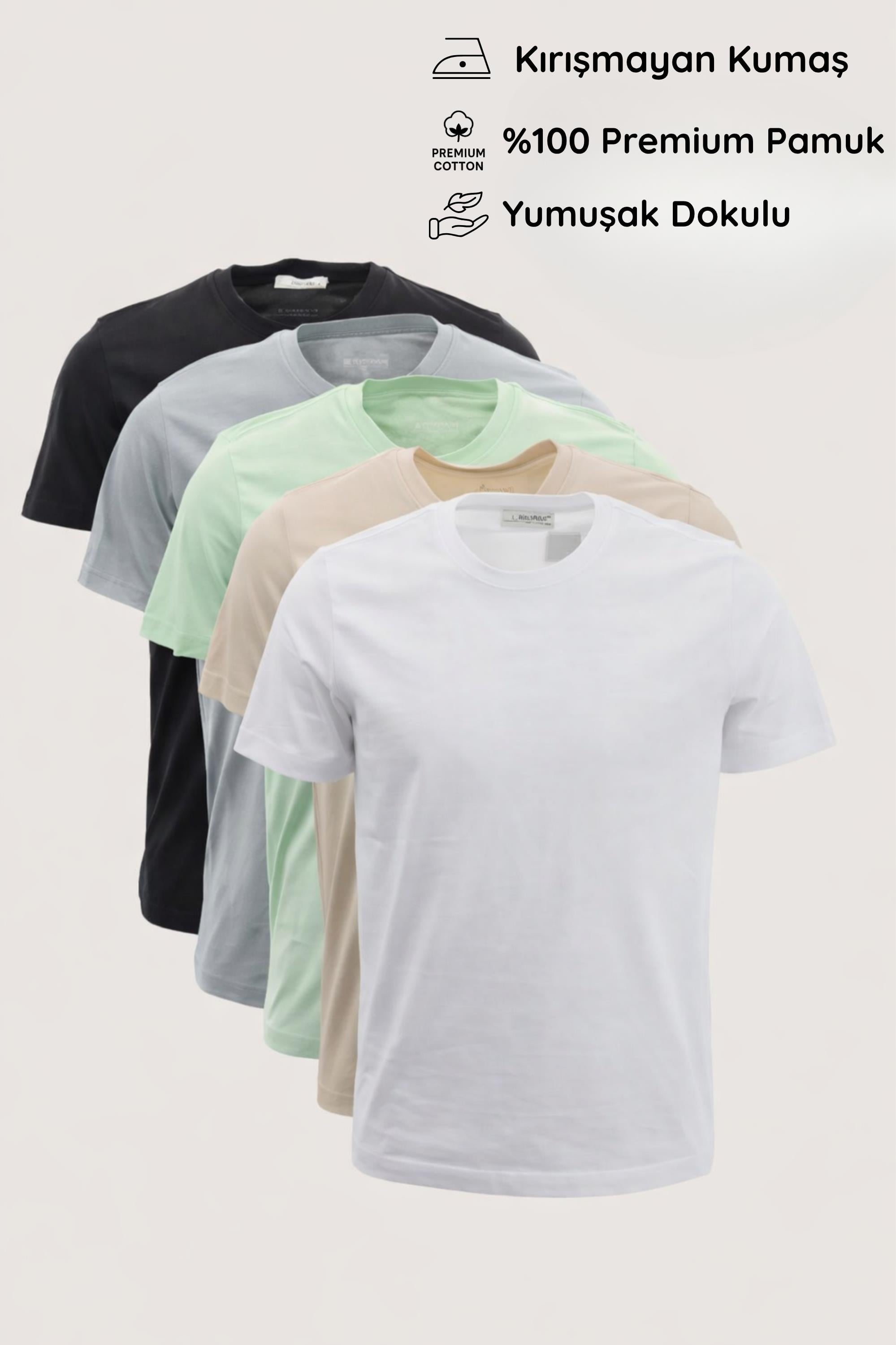 Slim Fit Dar Kesim Bisiklet Yaka 5Li Basic Erkek Yeşil Tişört Paketi