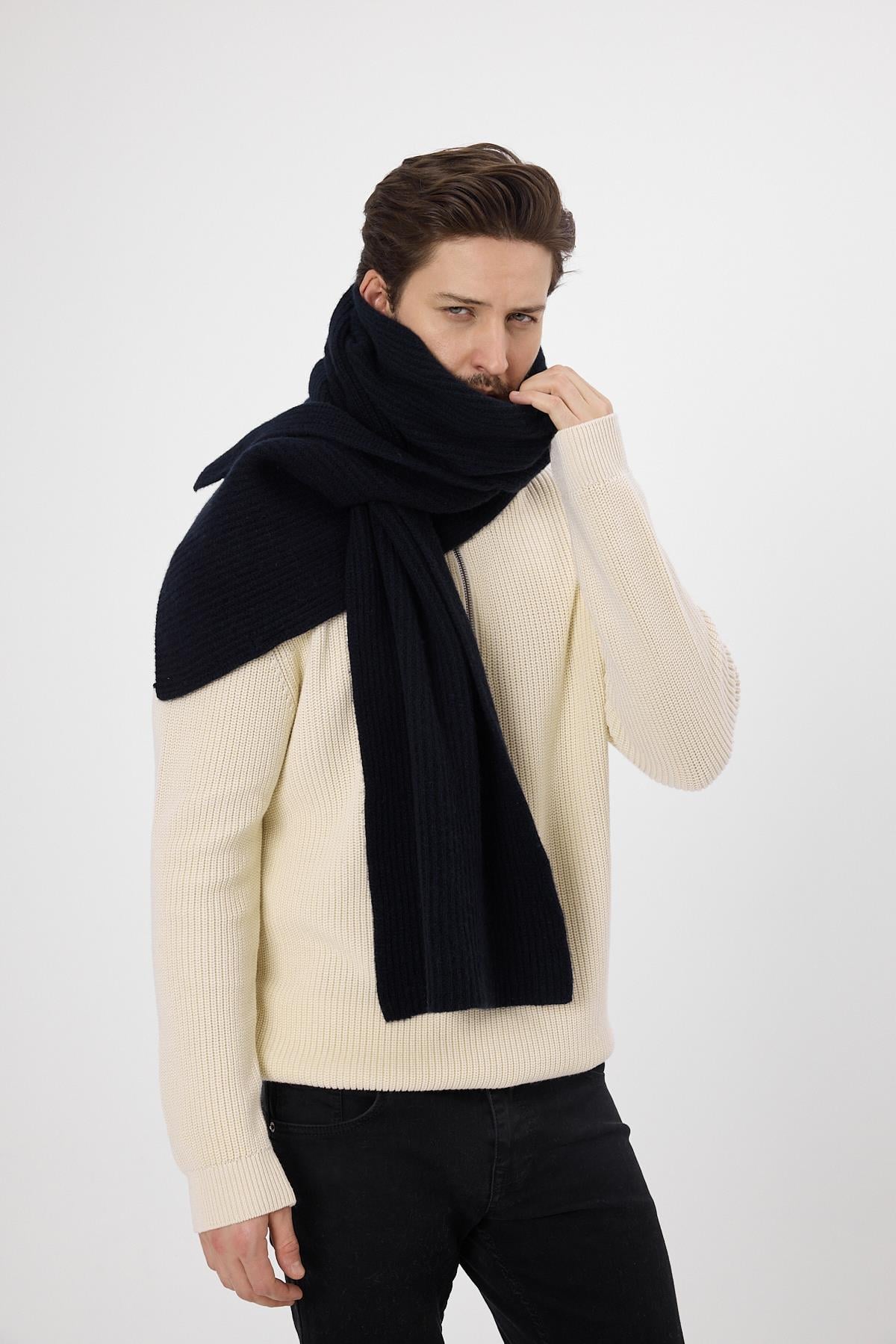 Erkek Yünlü Kalın Triko Atkı Lacivert