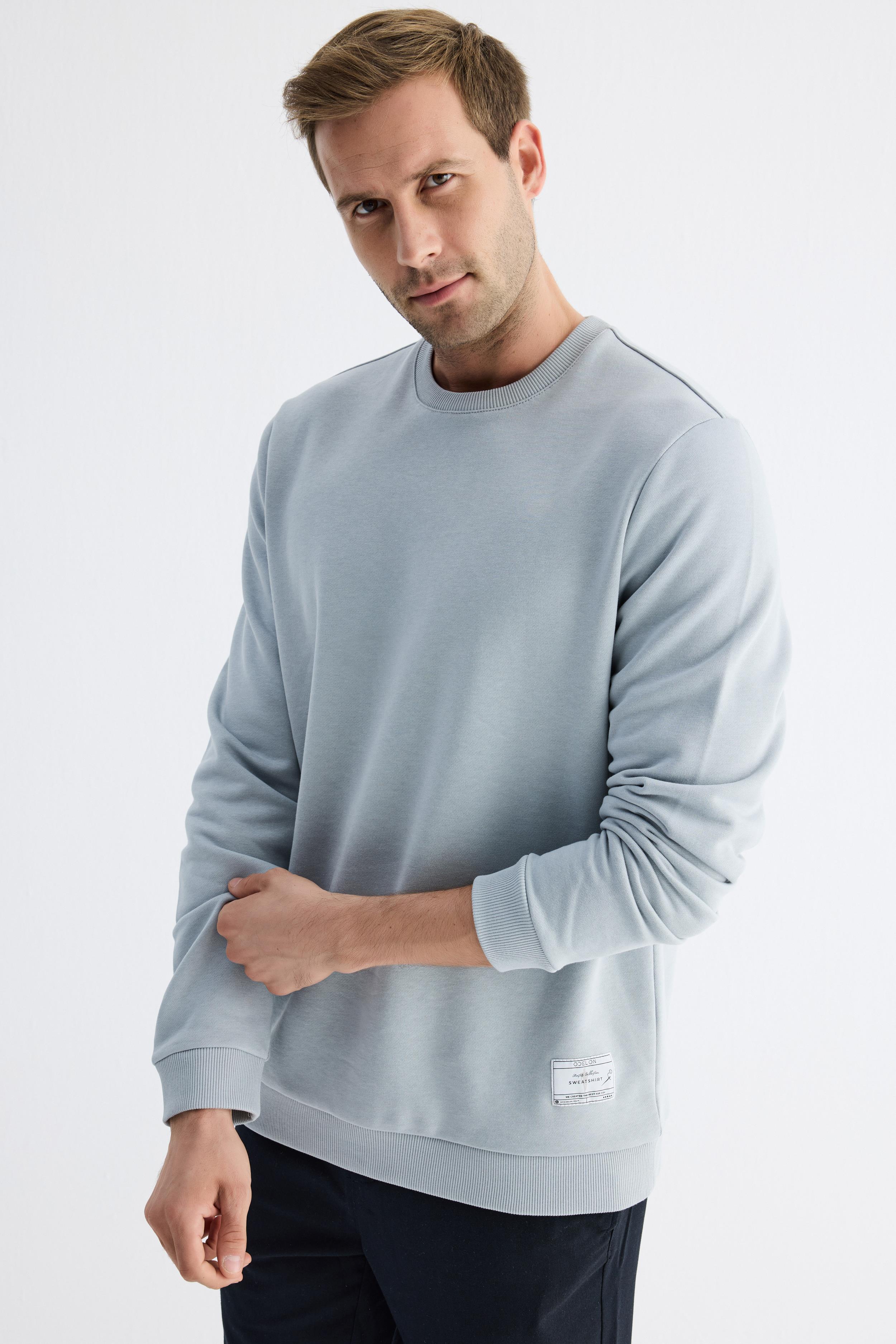 Erkek Basic Bisiklet Yaka Rahat Kalıp Düz Sweatshirt Mavi