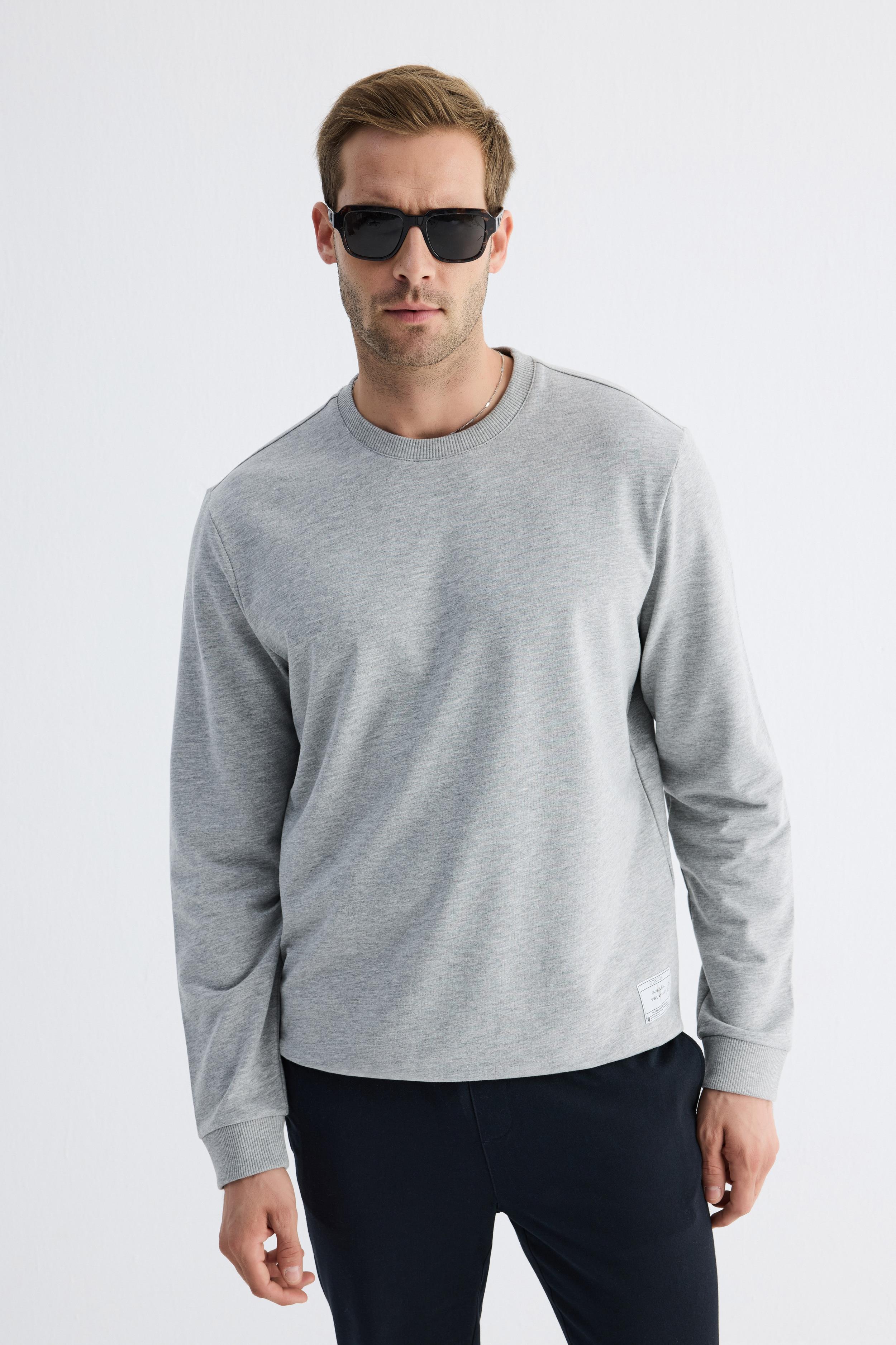 Erkek Basic Bisiklet Yaka Rahat Kalıp Düz Sweatshirt Gri Melanj