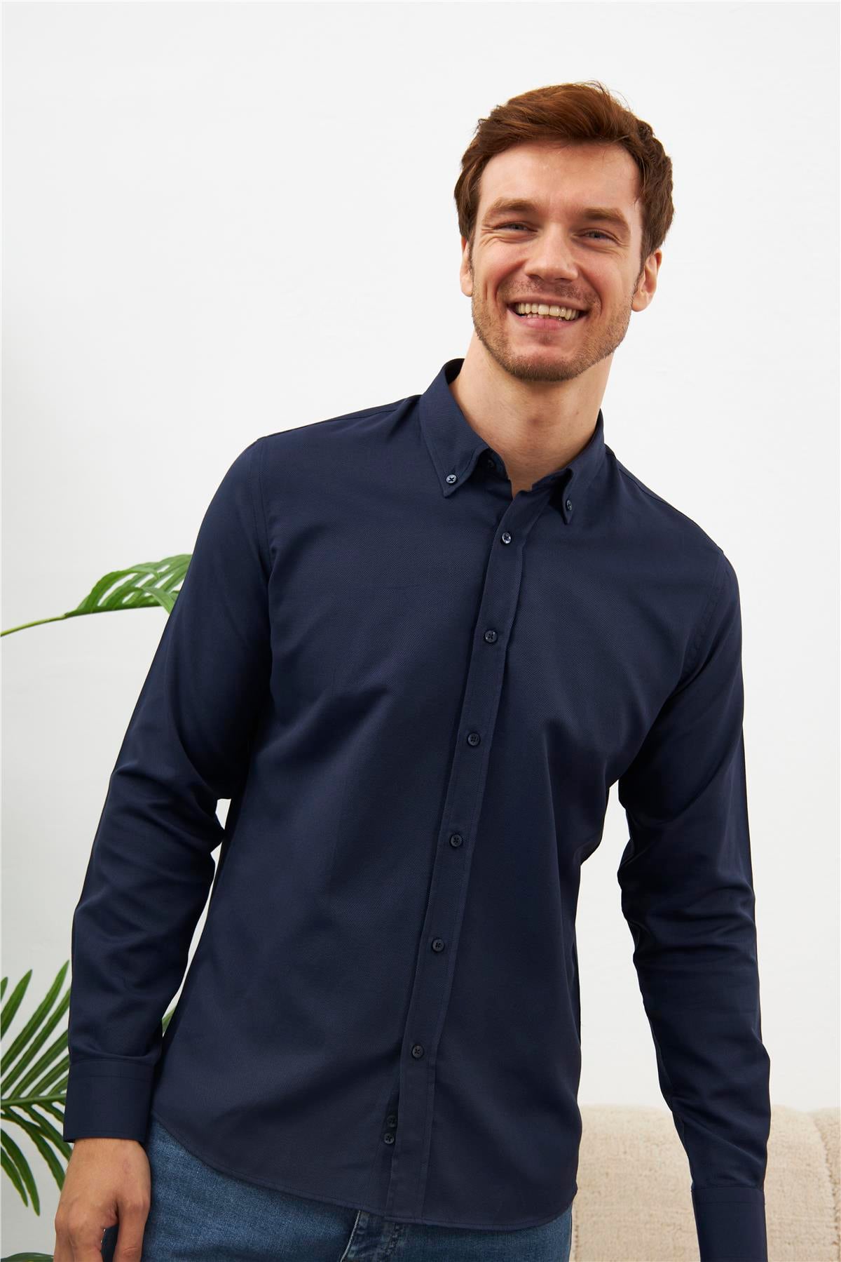 Erkek Kolay Ütülenebilir Oxford Slim Fit Gömlek Lacivert MARS36