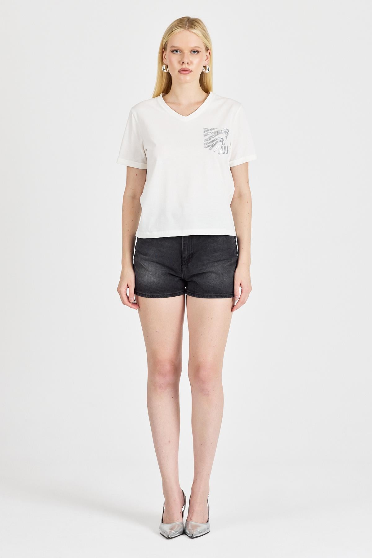 Kadın Payetli %100 Pamuk Ekru Tişört