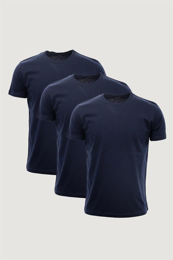 Slim Fit Dar Kesim Bisiklet Yaka  %100 Pamuk 3lü T-Shirt Paketi Lacivert - Lacivert - Lacivert
