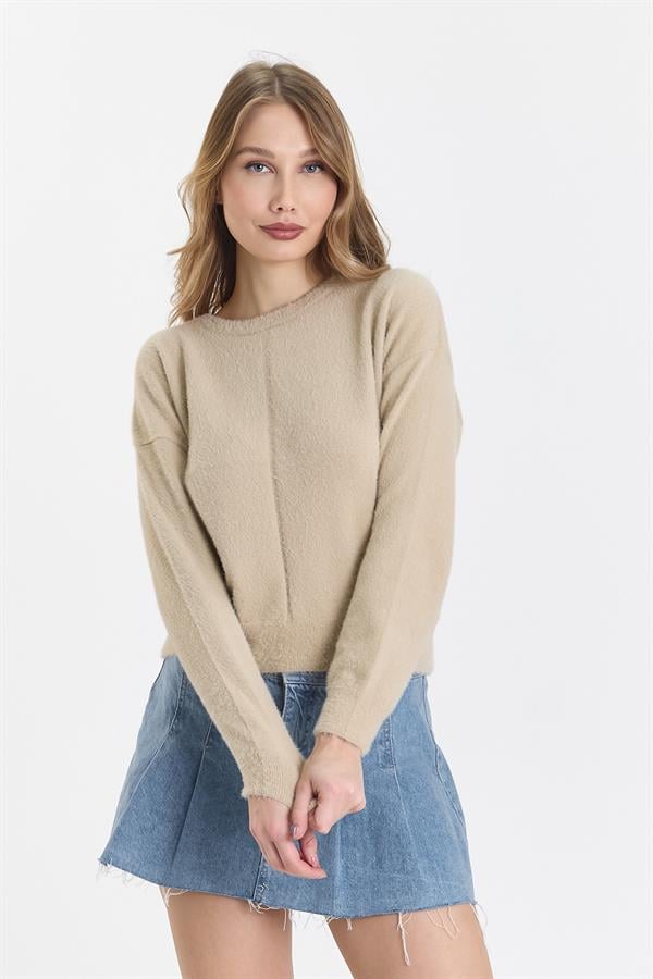 Kadın Bisiklet Yaka Sakallı Yumuşak Düz Triko Kazak Bej