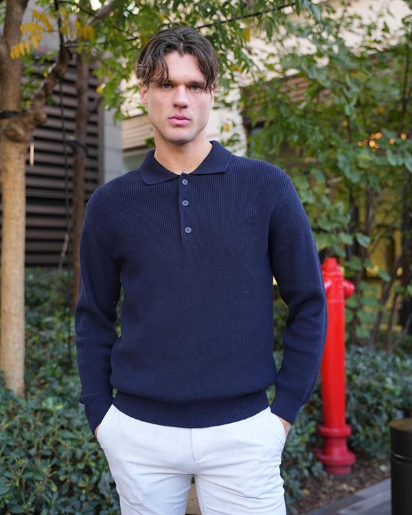 Erkek Regular Fit Pamuklu Polo Yaka Düğmeli Lacivert Triko Kazak