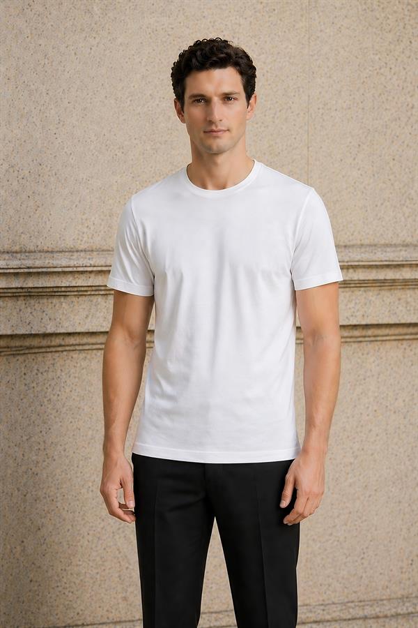 Erkek Bisiklet Yaka Premium %100 Merserize Pamuk T-Shirt Beyaz