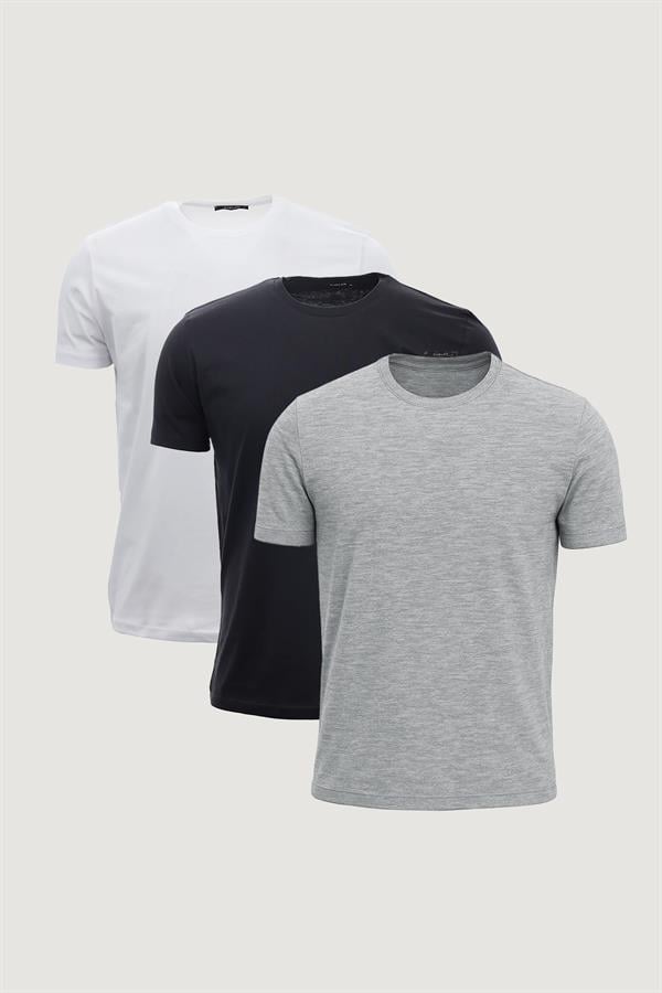Slim Fit Dar Kesim Bisiklet Yaka  %100 Pamuk 3lü T-Shirt Paketi Siyah - Beyaz - Gri
