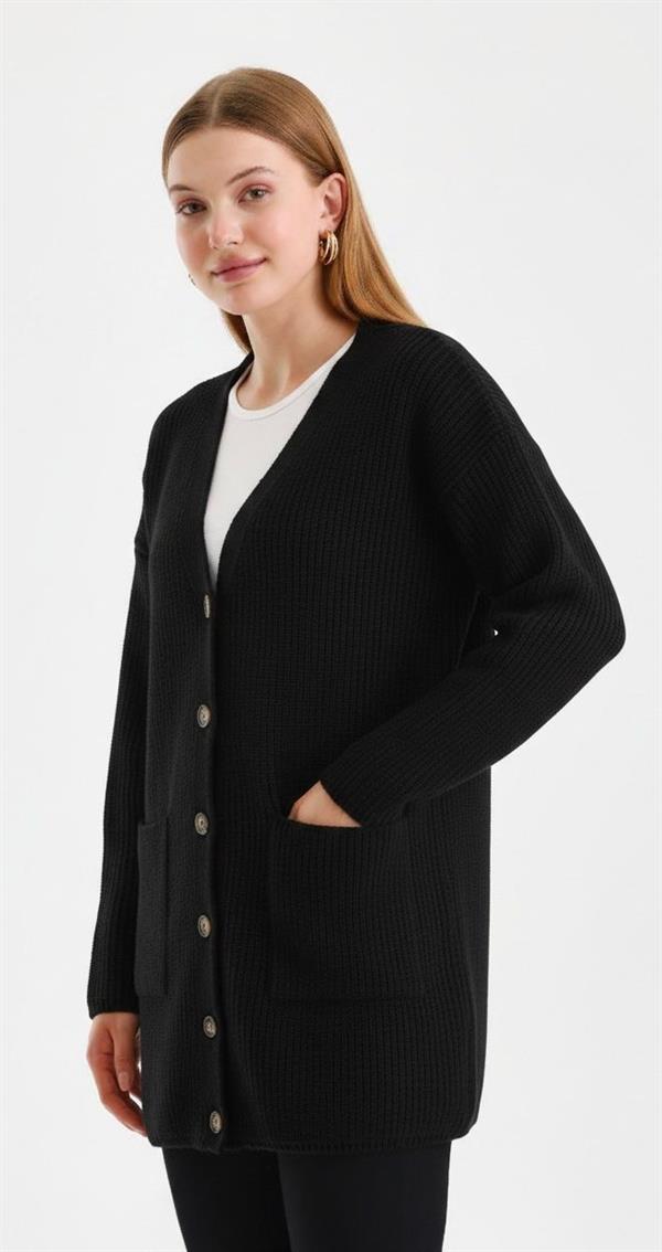 Kadın Düğmeli Oversize Cepli Uzun Siyah Triko Hırka