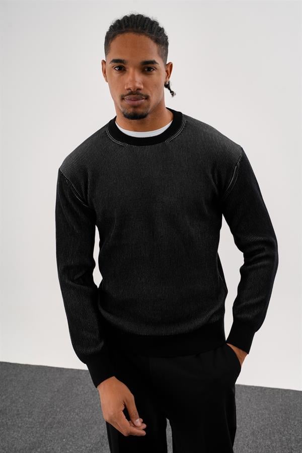 Erkek Regular Fit Vanize Örgü Pamuklu Bisiklet Yaka Siyah Triko Kazak