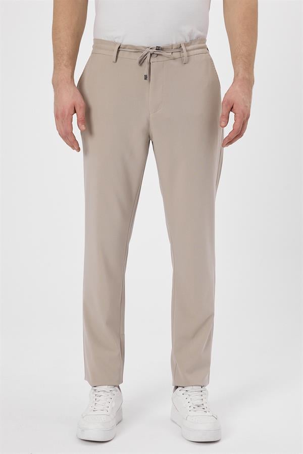 Erkek Slim Fİt Beli Lastikli İpli Fermuarlı Likralı Rahat Bej Jogger Pantolon
