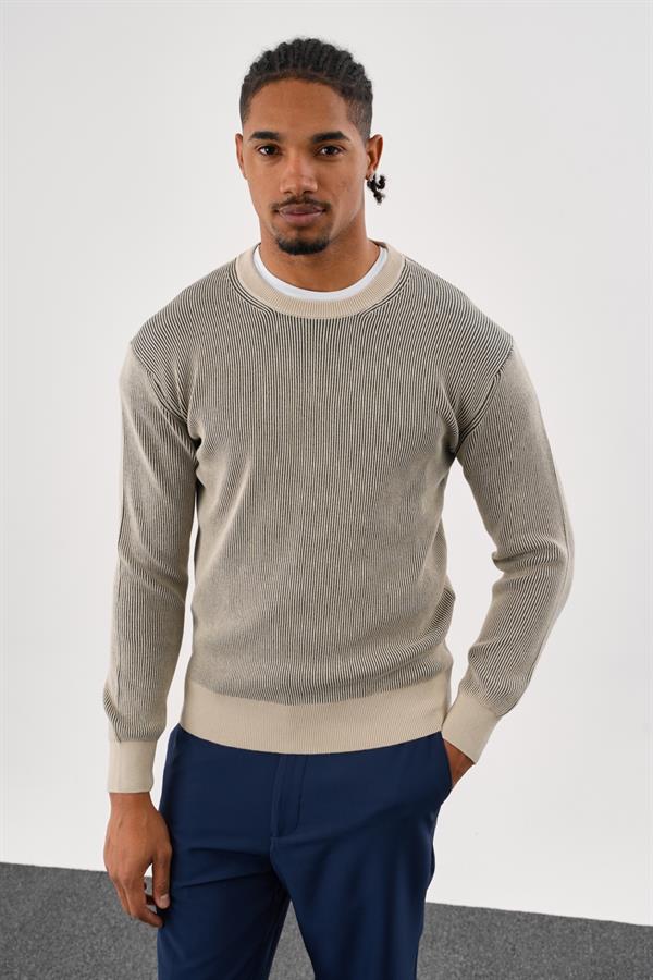 Erkek Regular Fit Vanize Örgü Pamuklu Bisiklet Yaka Taş Triko Kazak