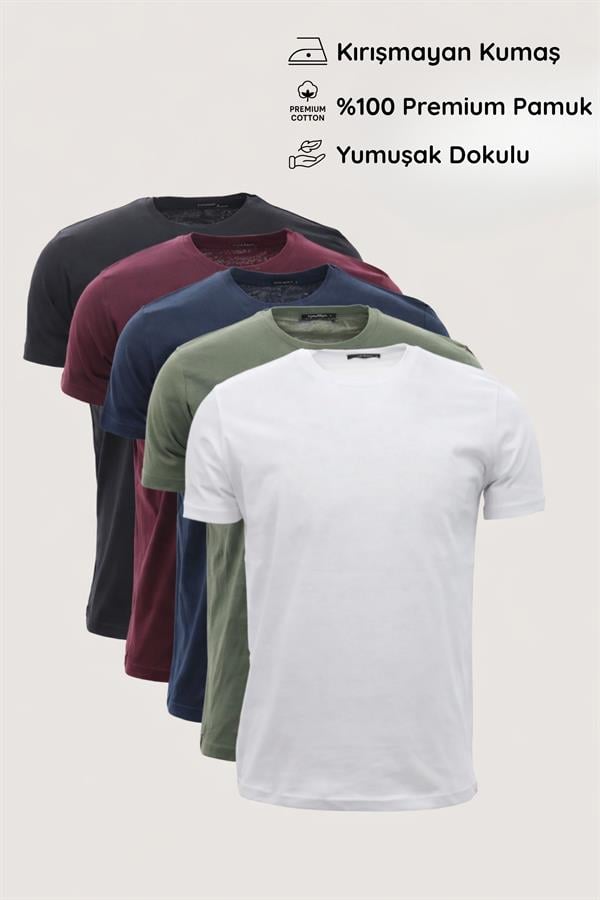 Slim Fit Dar Kesim Bisiklet Yaka 5Li Basic Erkek Çok Renkli Tişört Paketi