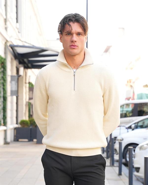 Yarım Fermuarlı Selanik Örgü Regular Fit Pamuklu Erkek Krem Triko Kazak 