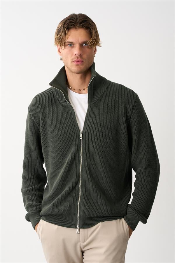 Erkek Regular Fit Selanik Örgü Pamuklu Fermuarlı Haki Triko Hırka