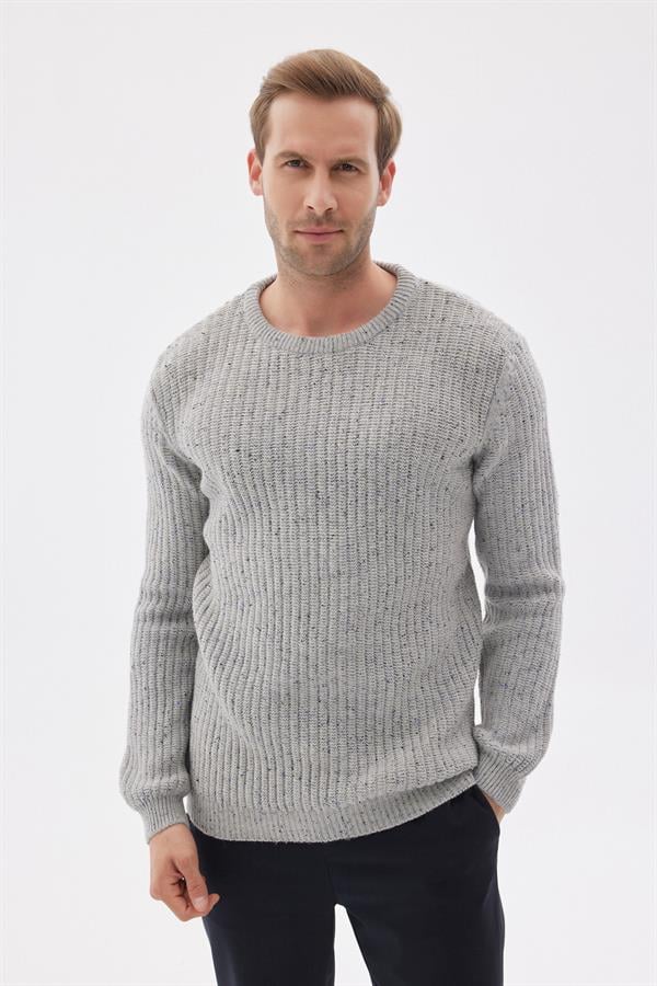Erkek Regular Fit Bisiklet Yaka Selanik Örgü Yünlü Gri Melanj Triko Kazak