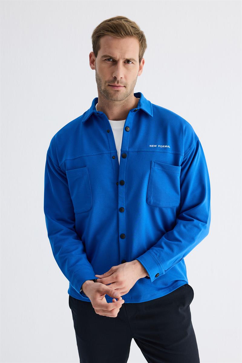  Çıtçıt Detaylı Slim Fit Sweatshirt Erkek Saks Dış Gömlek 