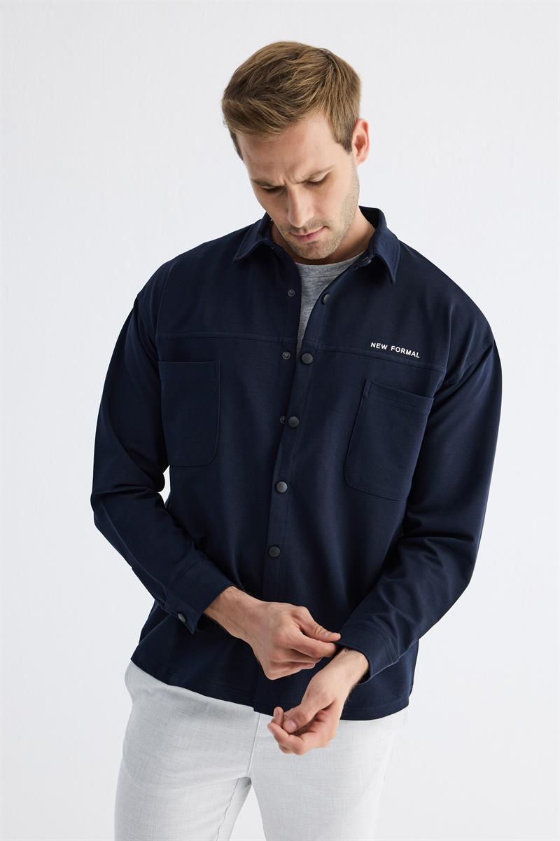  Çıtçıt Detaylı Slim Fit Sweatshirt Erkek Lacivert Dış Gömlek 