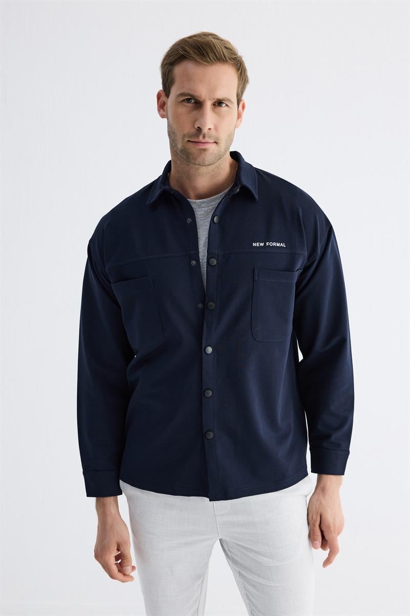  Çıtçıt Detaylı Slim Fit Sweatshirt Erkek Lacivert Dış Gömlek 