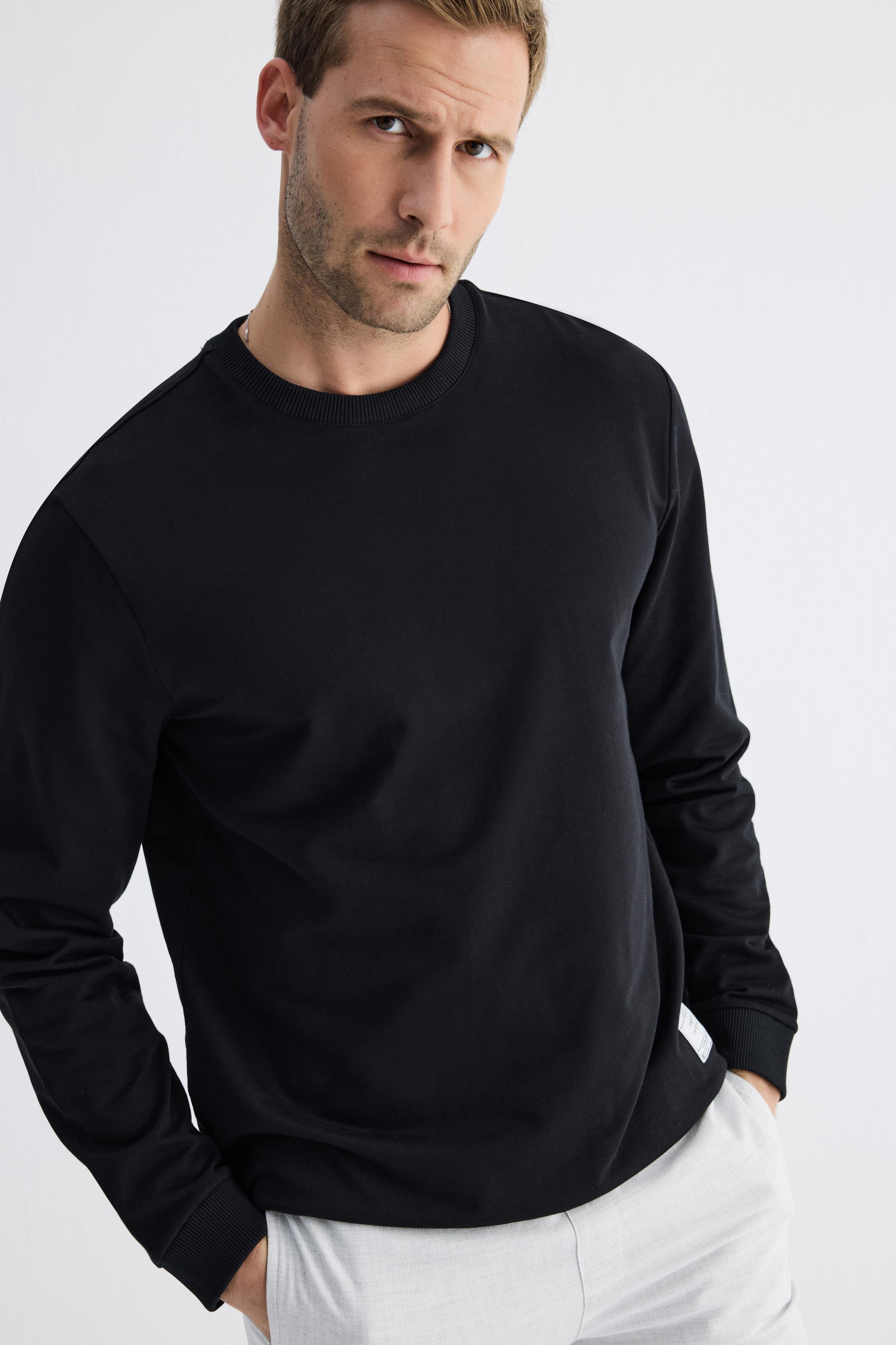  Basic Bisiklet Yaka Rahat Kalıp Düz Erkek Siyah Sweatshirt 