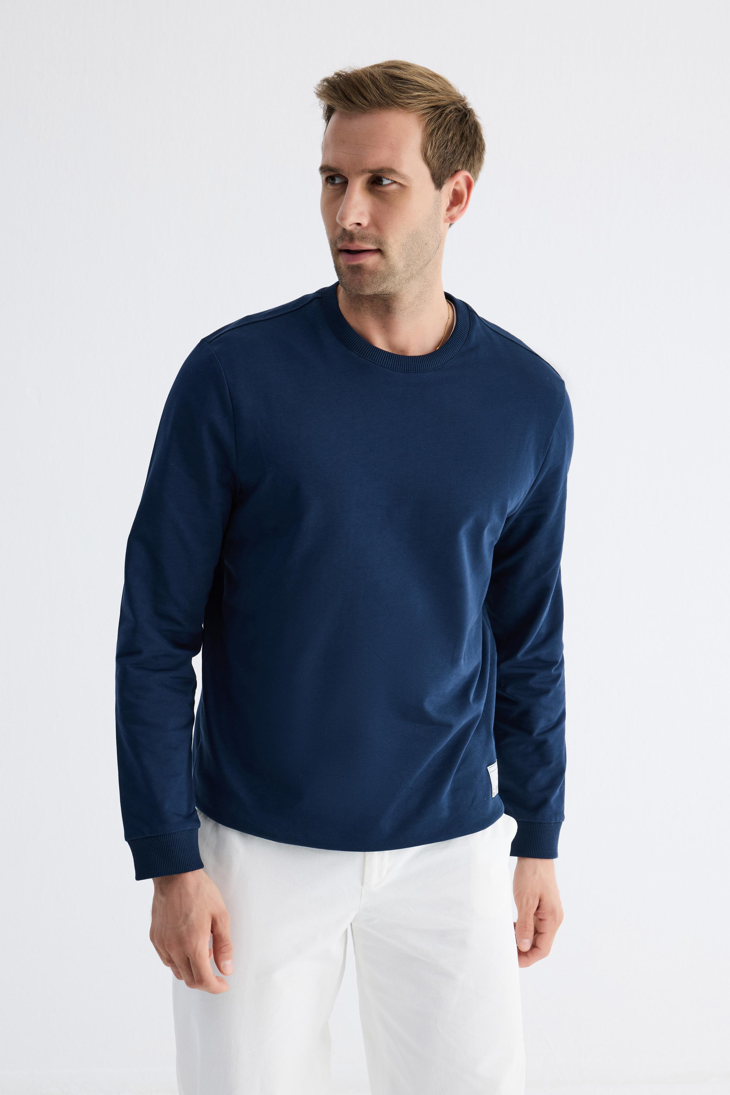  Basic Bisiklet Yaka Rahat Kalıp Düz Erkek Lacivert  Sweatshirt 