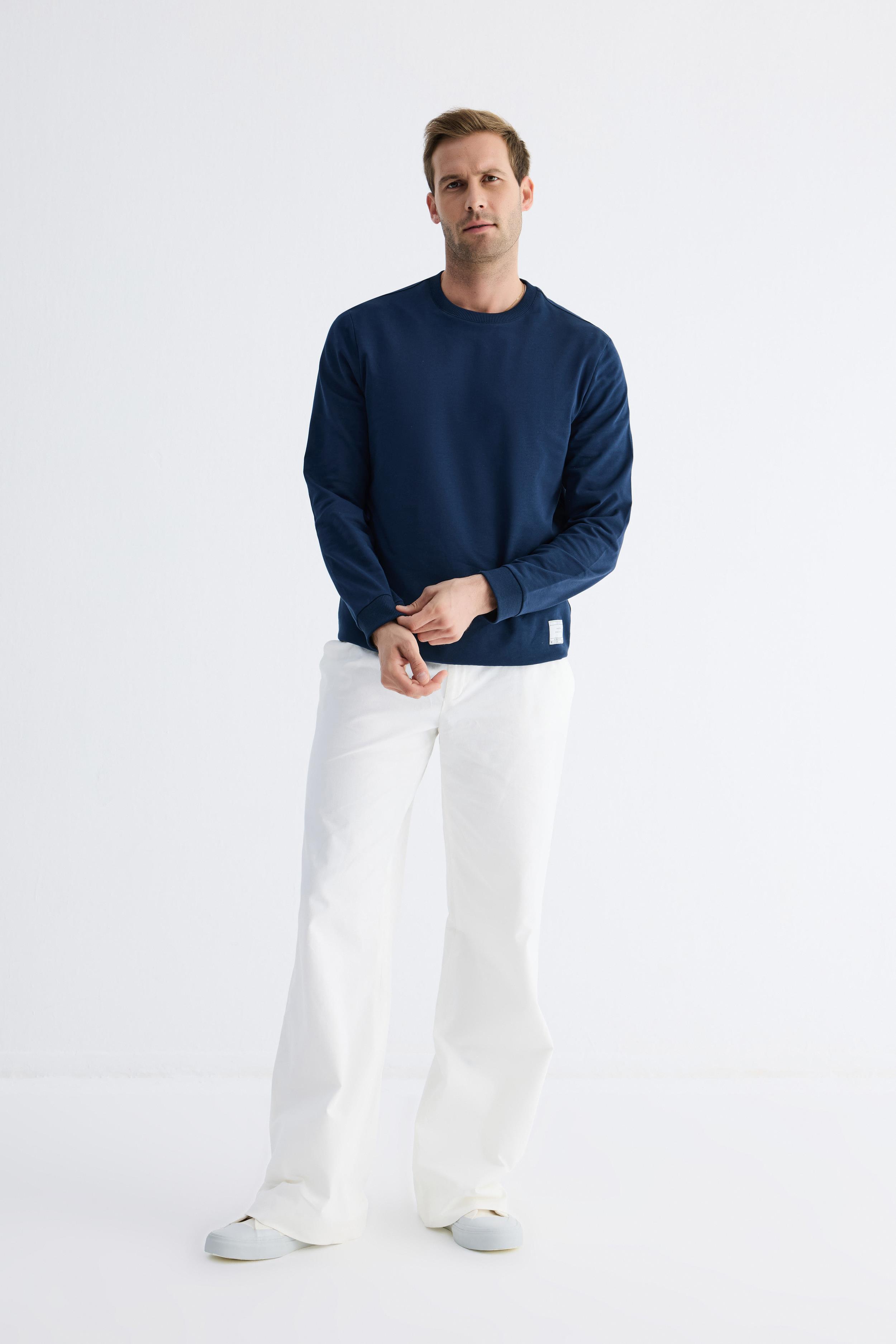  Basic Bisiklet Yaka Rahat Kalıp Düz Erkek Lacivert  Sweatshirt 