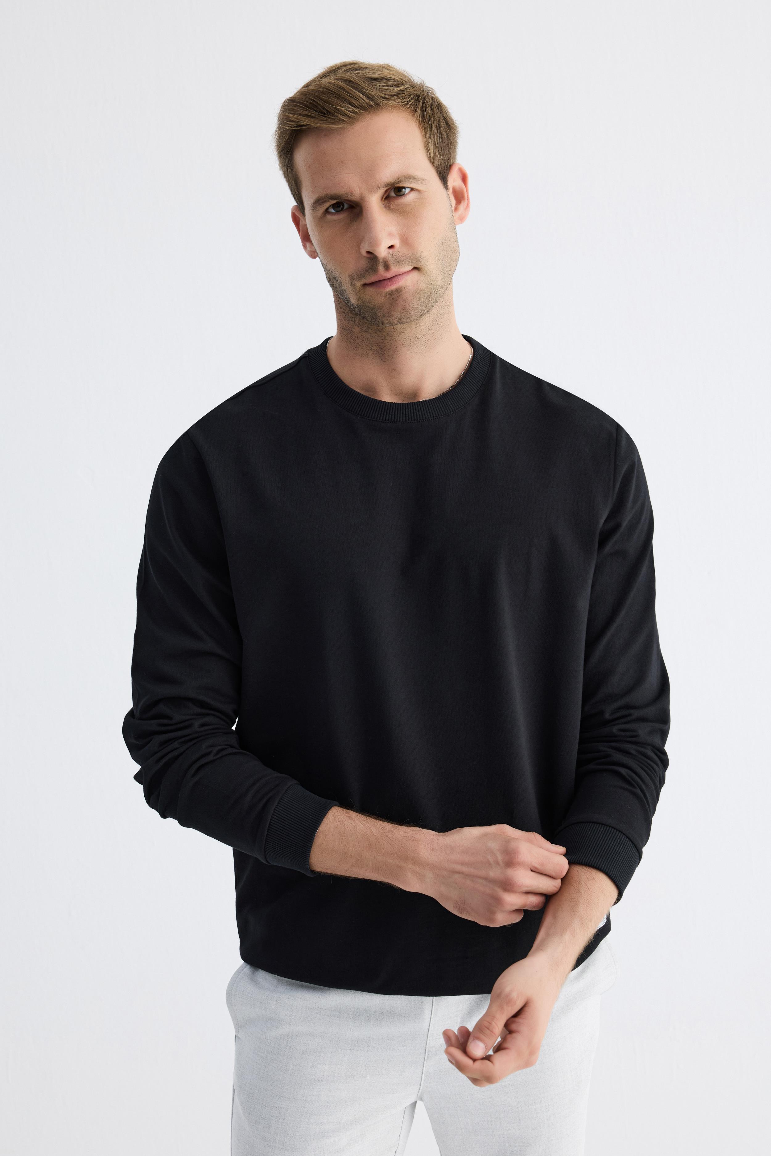  Basic Bisiklet Yaka Rahat Kalıp Düz Erkek Siyah Sweatshirt 