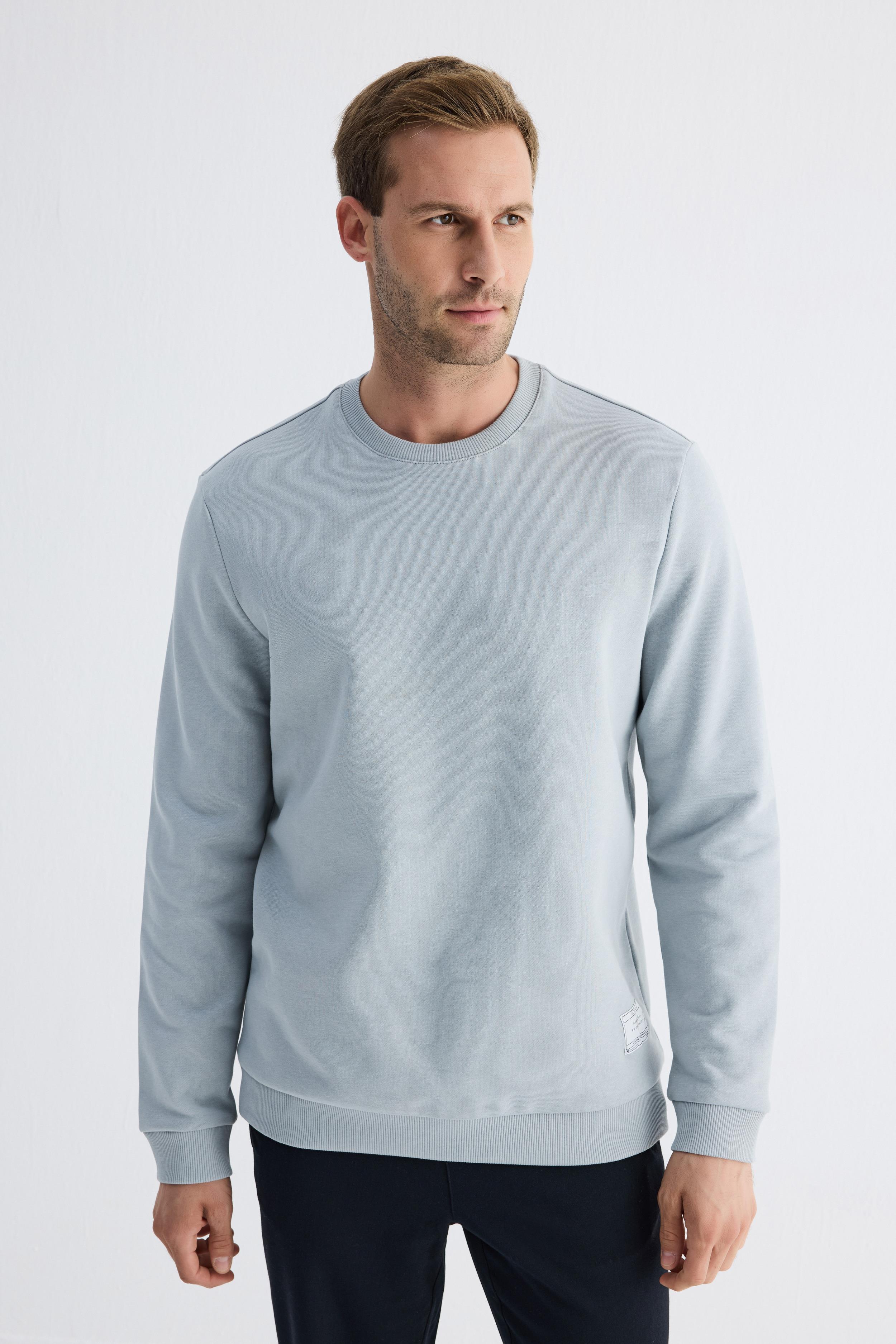 Erkek Basic Bisiklet Yaka Rahat Kalıp Düz Sweatshirt Mavi