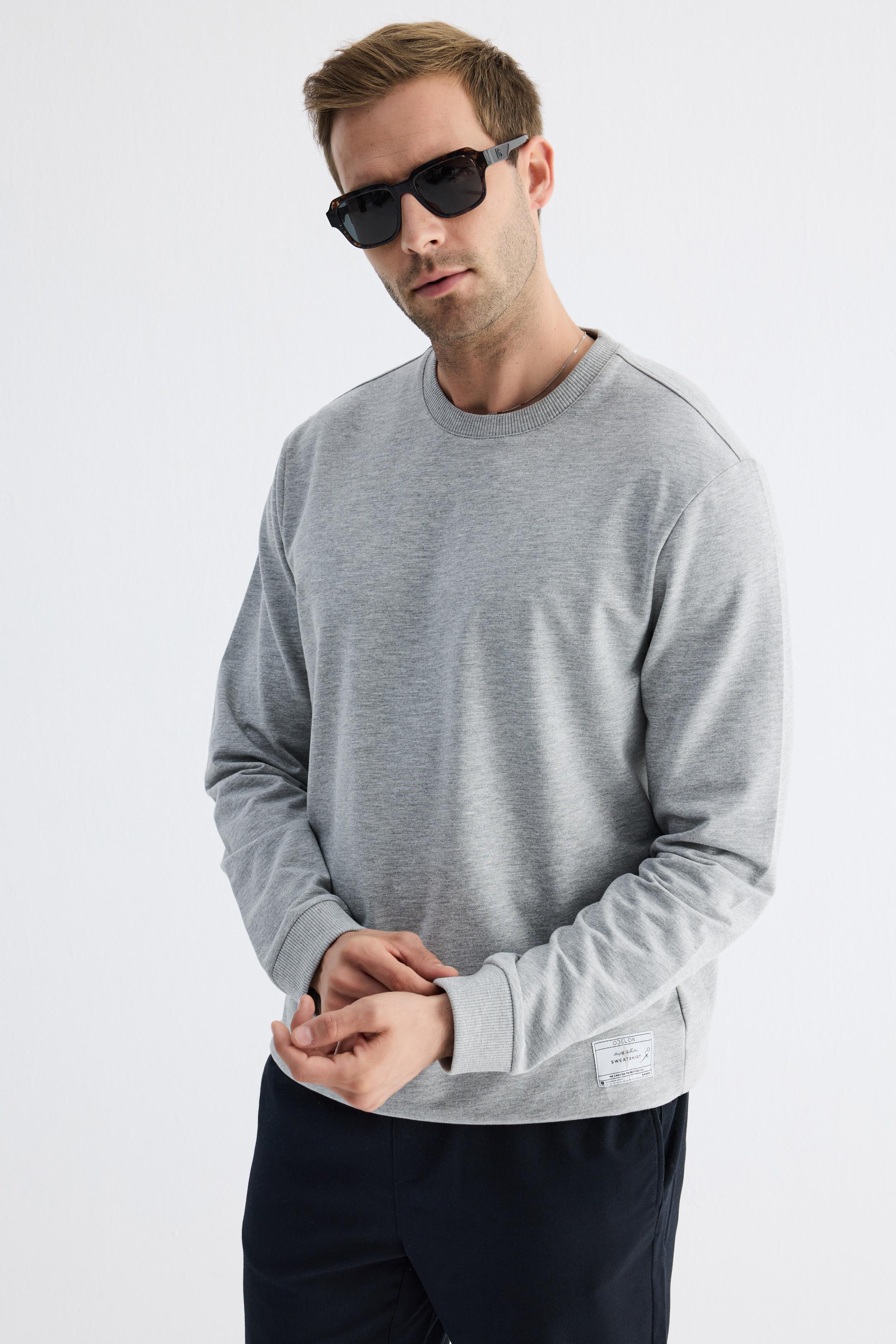 Erkek Basic Bisiklet Yaka Rahat Kalıp Düz Sweatshirt Gri Melanj