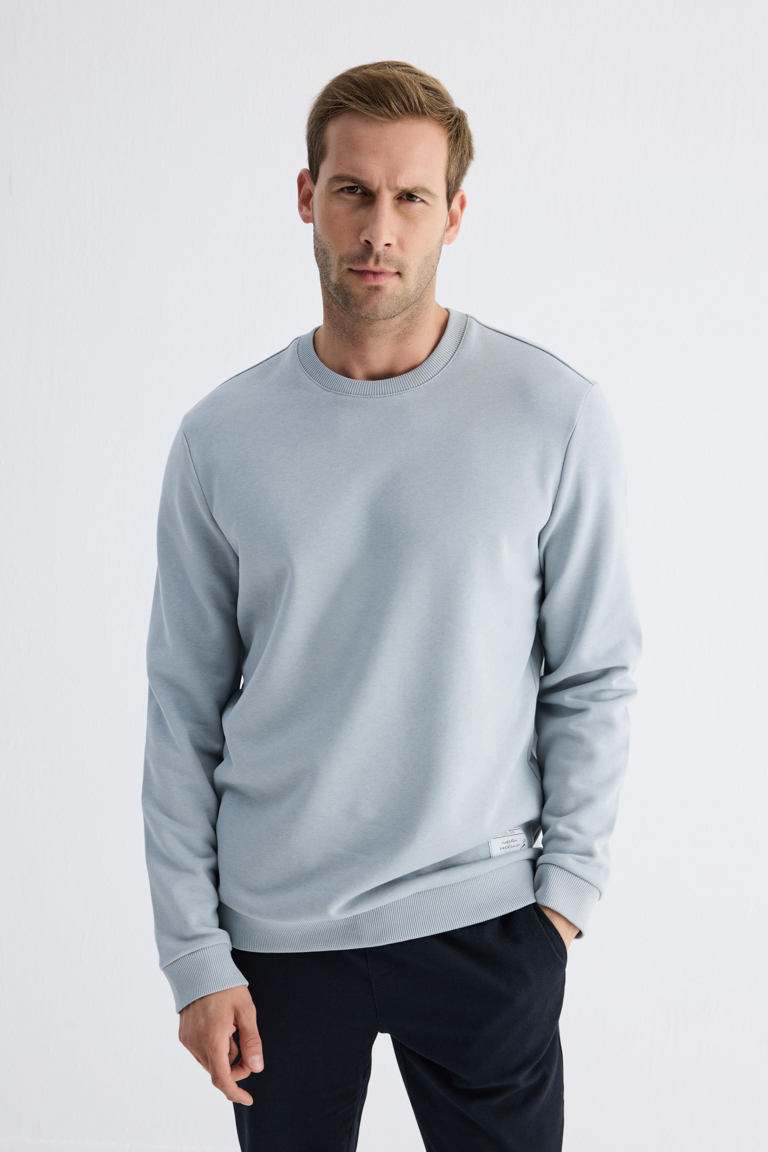 Erkek Basic Bisiklet Yaka Rahat Kalıp Düz Sweatshirt Mavi