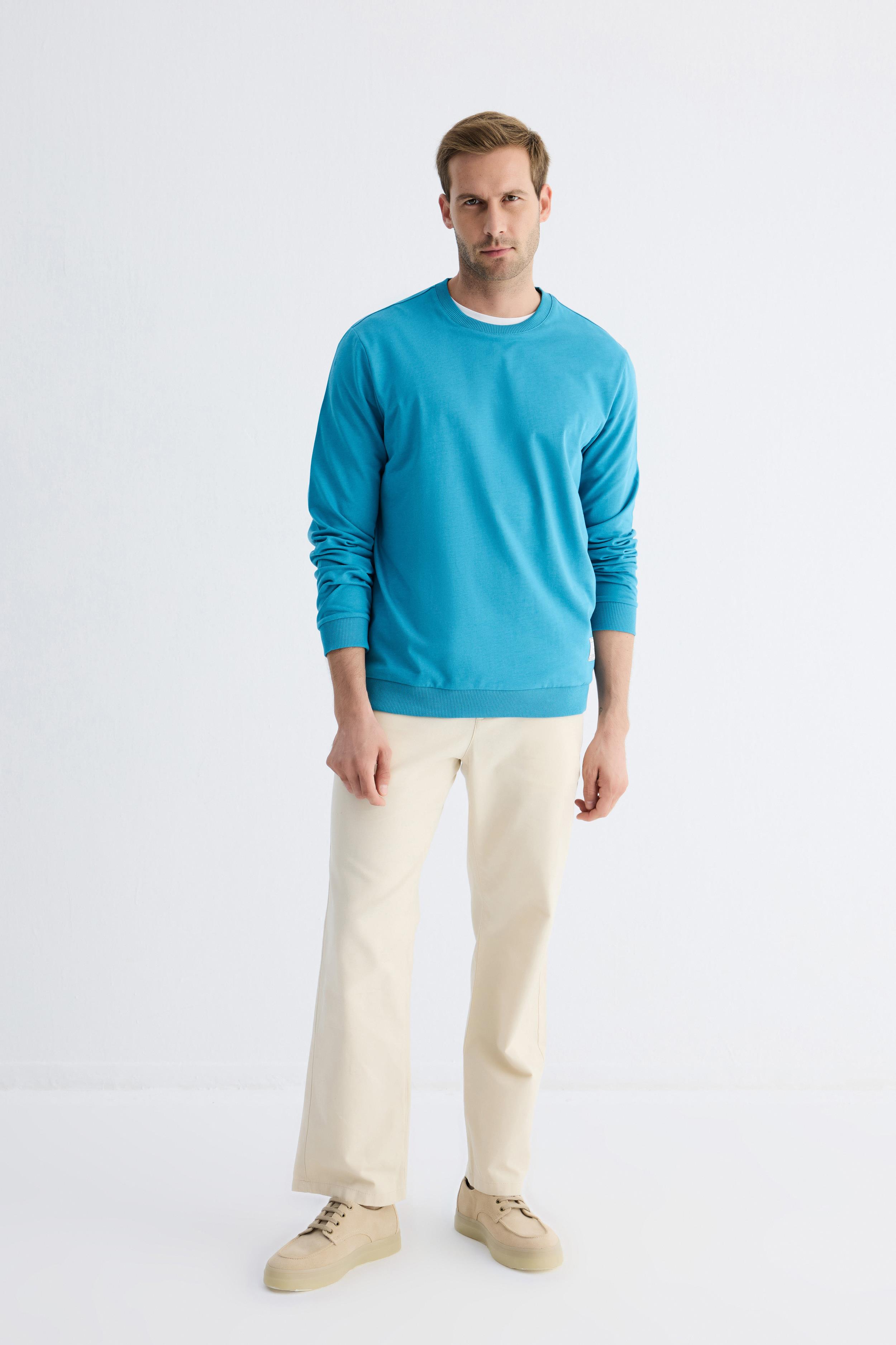 Erkek Basic Bisiklet Yaka Rahat Kalıp Düz Sweatshirt Turkuaz