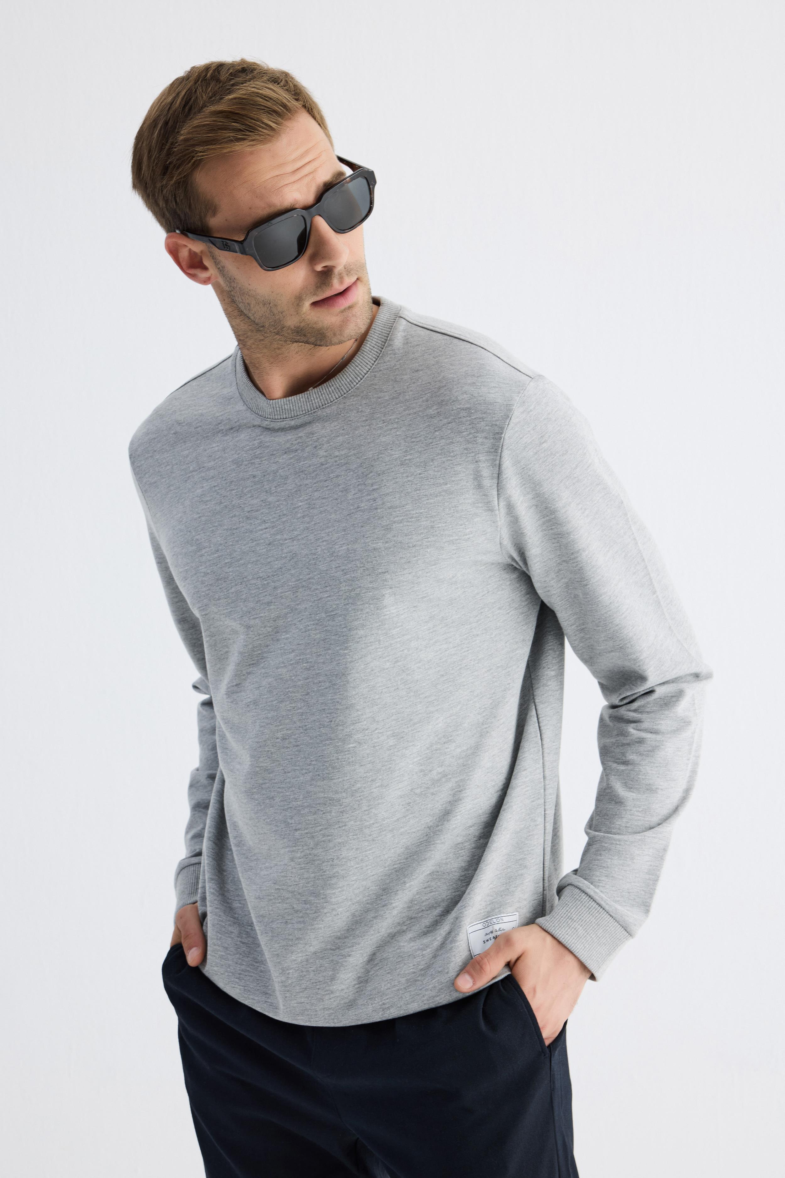 Erkek Basic Bisiklet Yaka Rahat Kalıp Düz Sweatshirt Gri Melanj