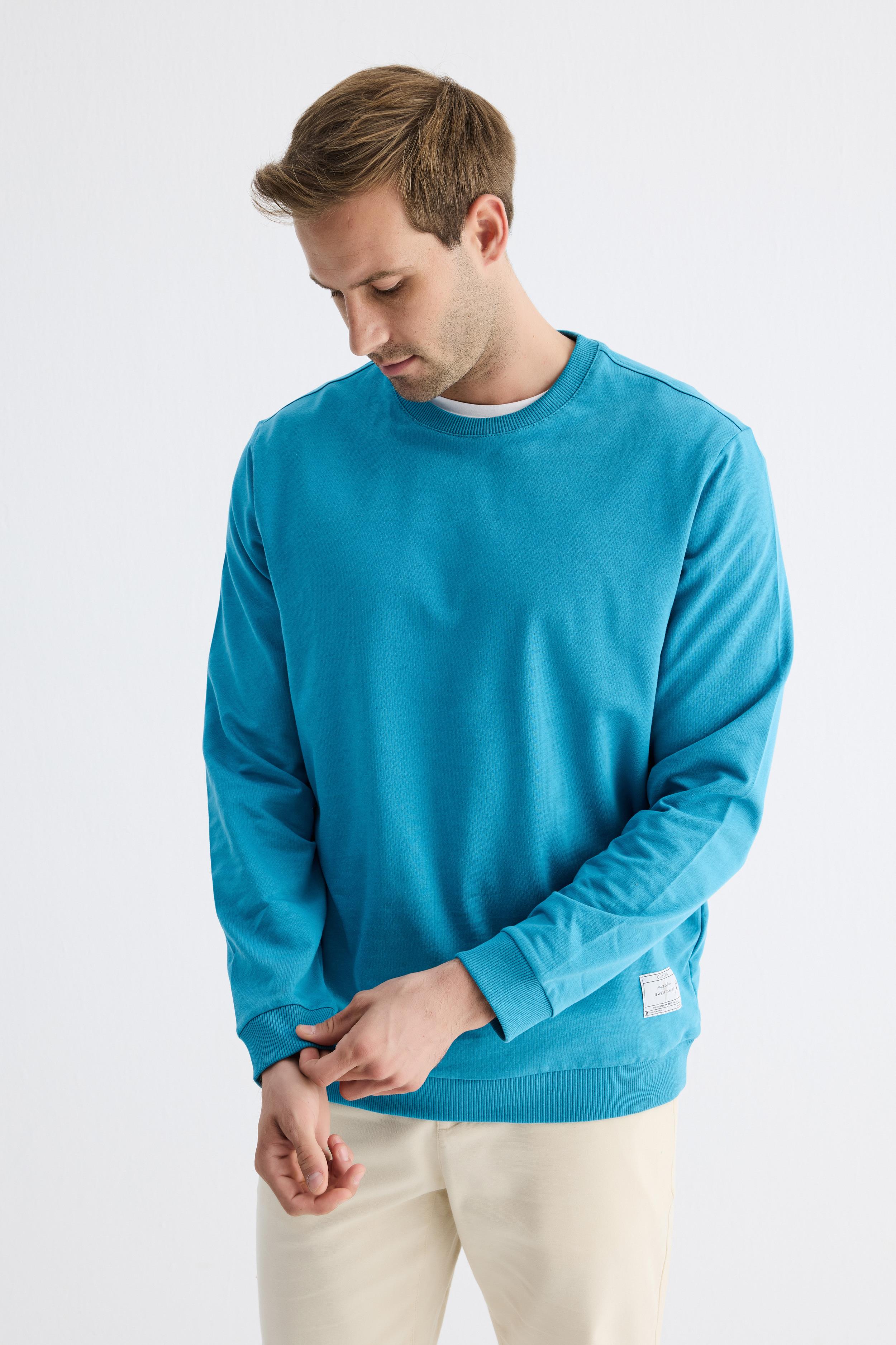 Erkek Basic Bisiklet Yaka Rahat Kalıp Düz Sweatshirt Turkuaz