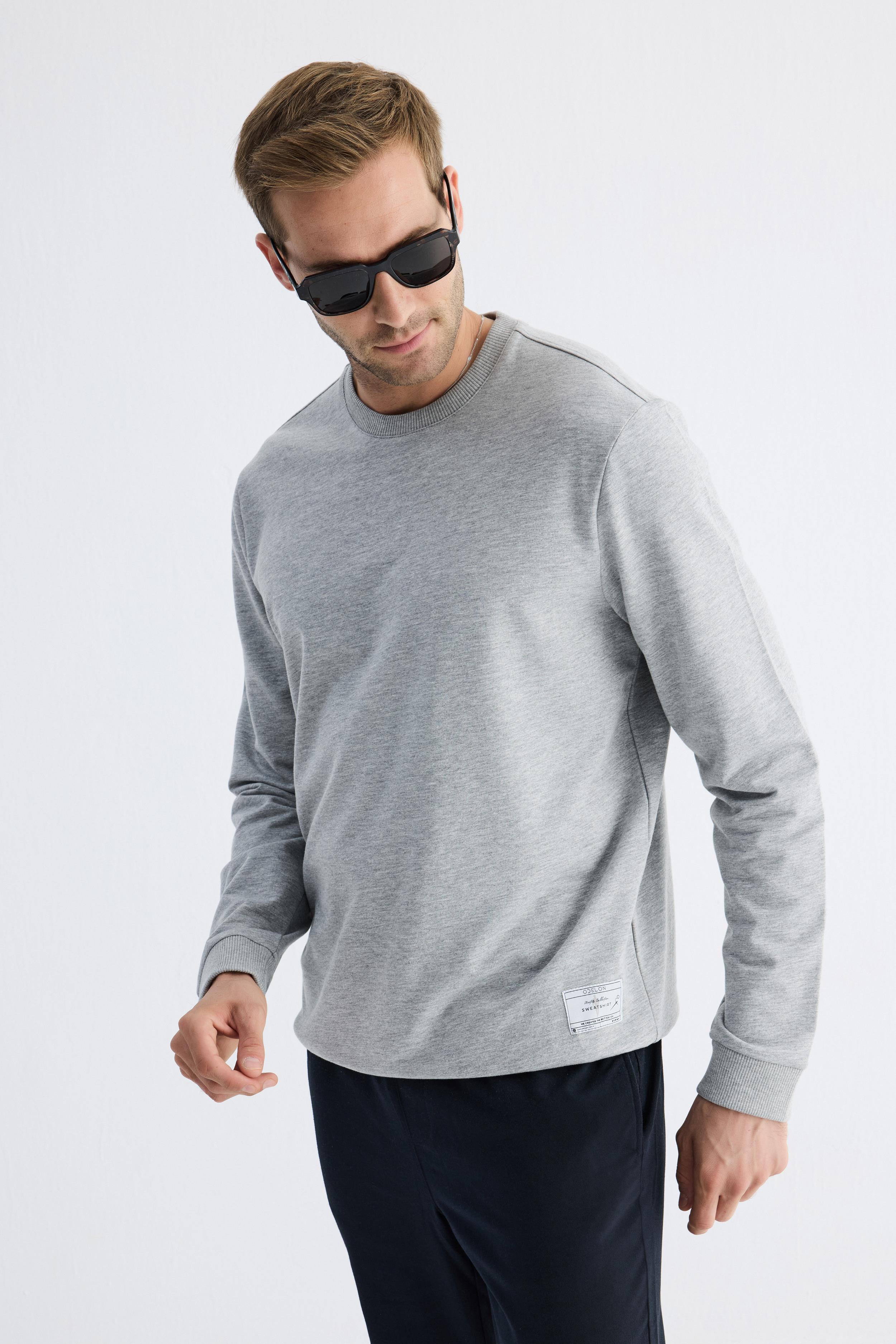 Erkek Basic Bisiklet Yaka Rahat Kalıp Düz Sweatshirt Gri Melanj