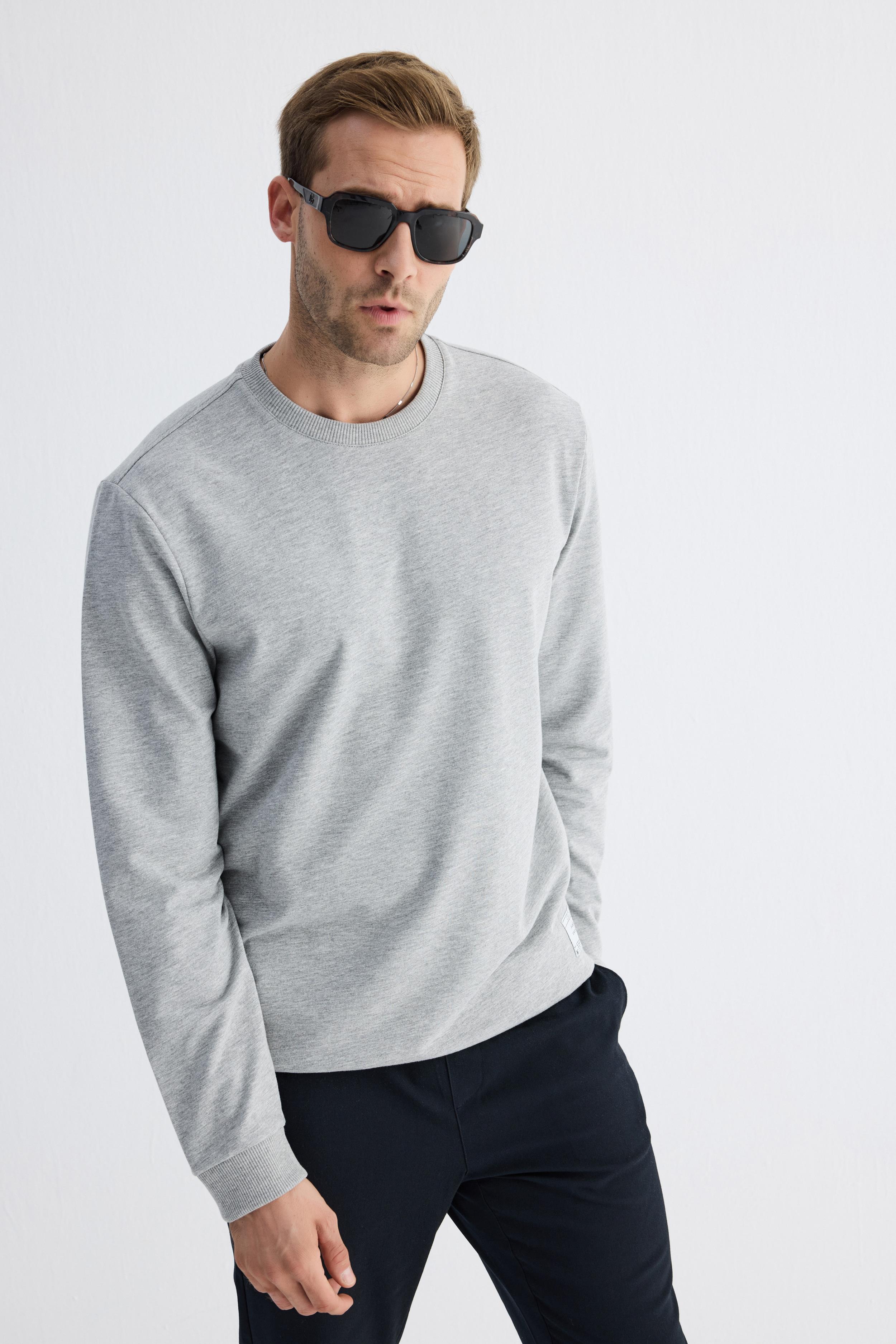 Erkek Basic Bisiklet Yaka Rahat Kalıp Düz Sweatshirt Gri Melanj