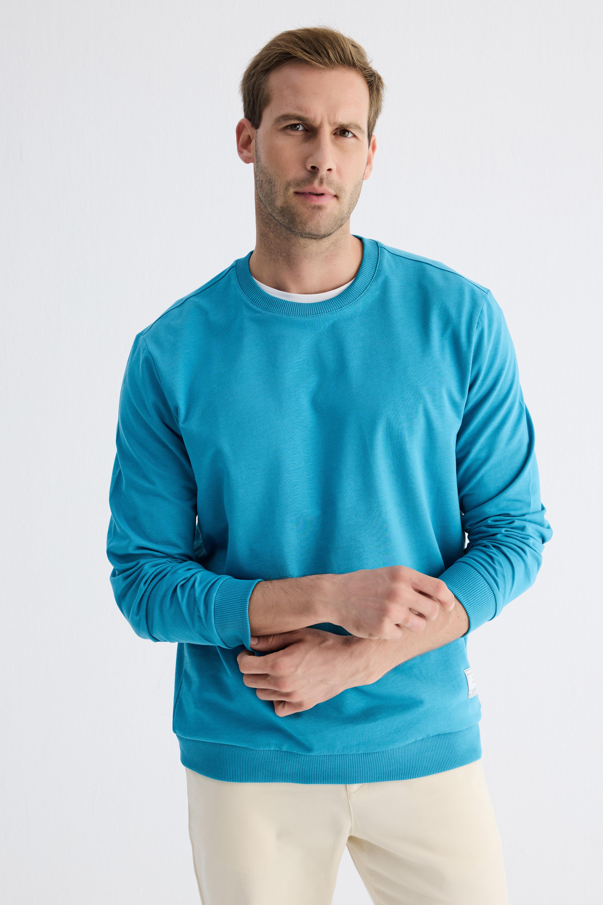 Erkek Basic Bisiklet Yaka Rahat Kalıp Düz Sweatshirt Turkuaz