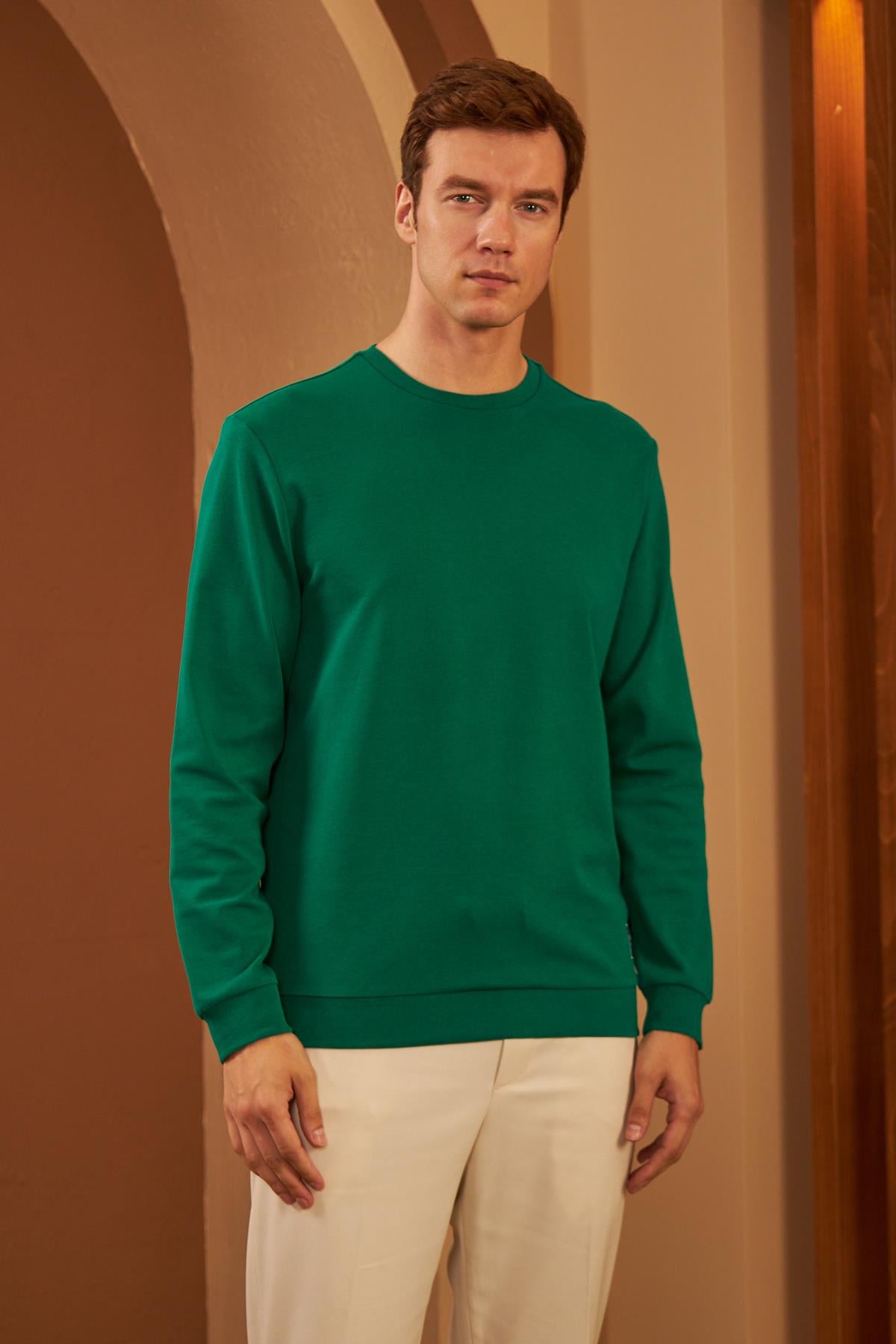 Erkek Comfort Fit Basic Düz Sweatshirt Yeşil MARS26