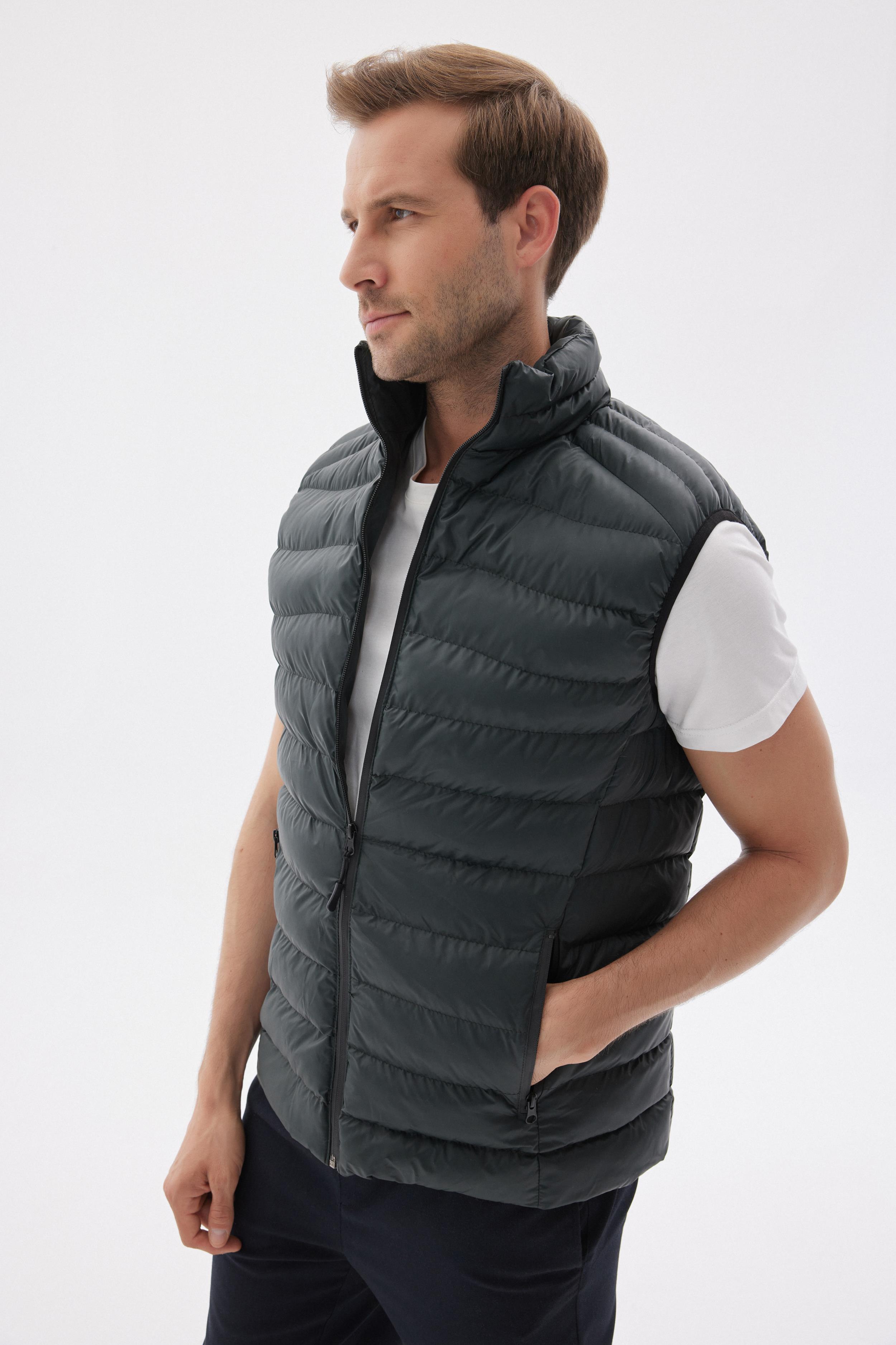 Erkek Dik Yaka Slim Fit Casual Yelek Yeşil