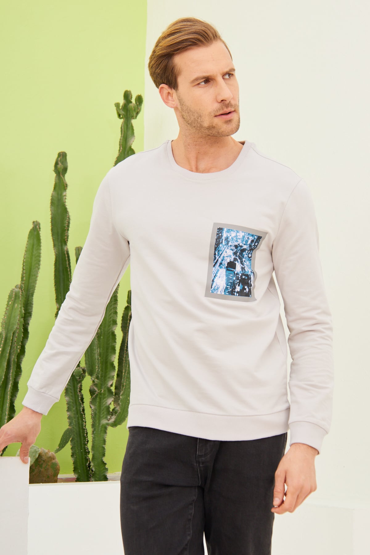 Erkek Önü Baskılı Bisiklet Yaka Spor Sweatshirt Gri