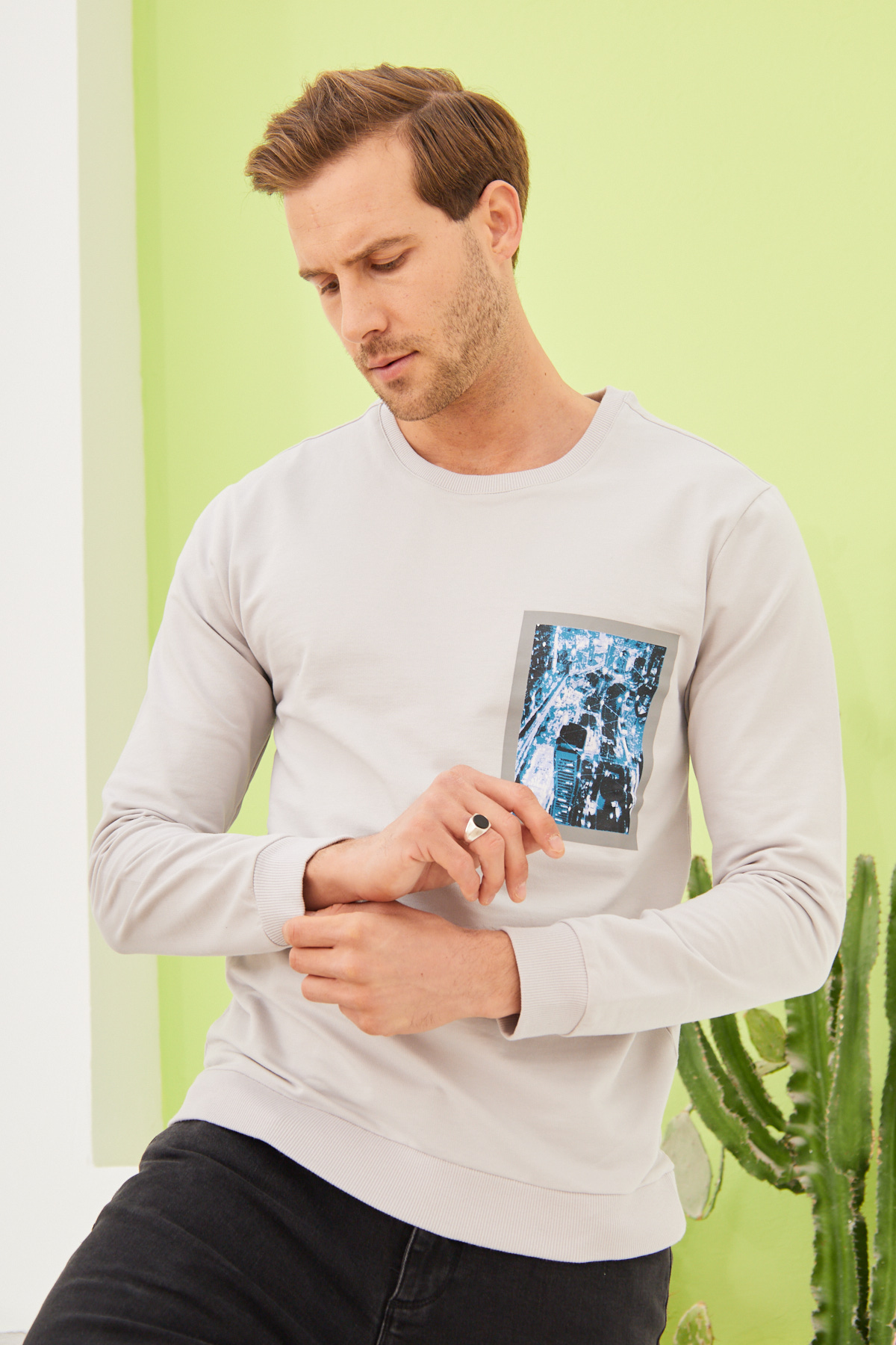 Erkek Önü Baskılı Bisiklet Yaka Spor Sweatshirt Gri
