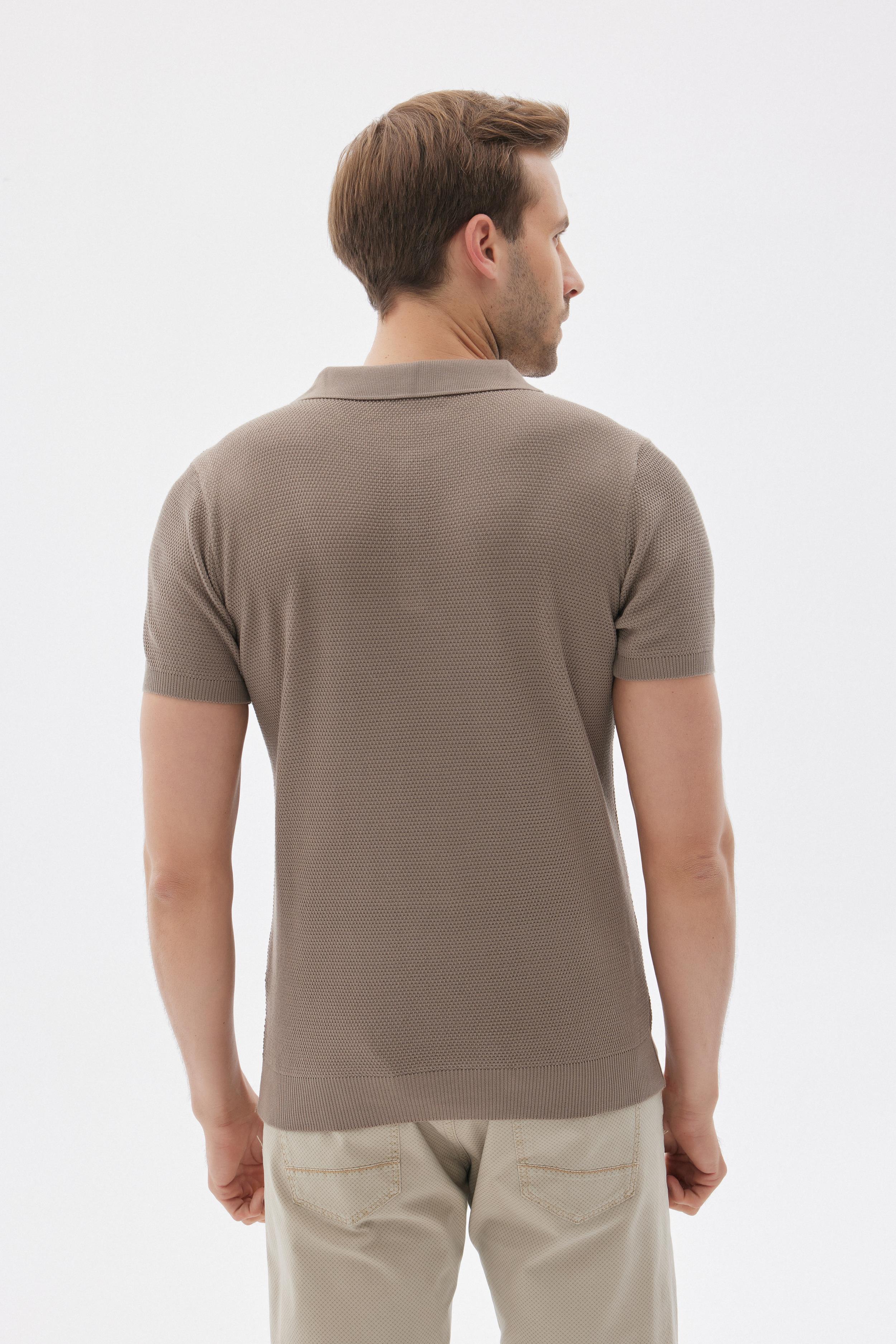 Erkek Polo Yaka Jakarlı Triko T-Shirt Vizon