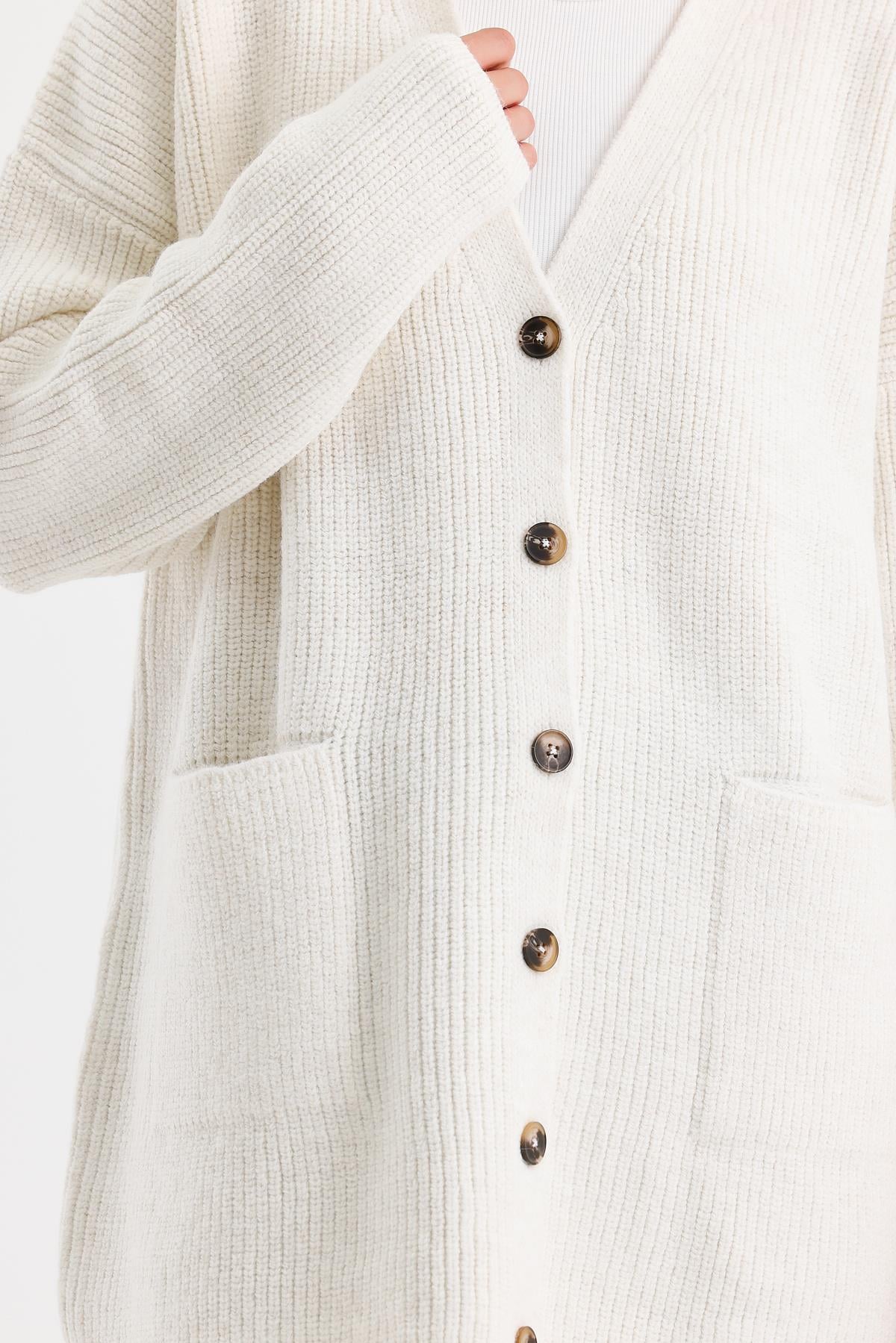 Kadın Düğmeli Oversize Cepli Uzun Triko Hırka