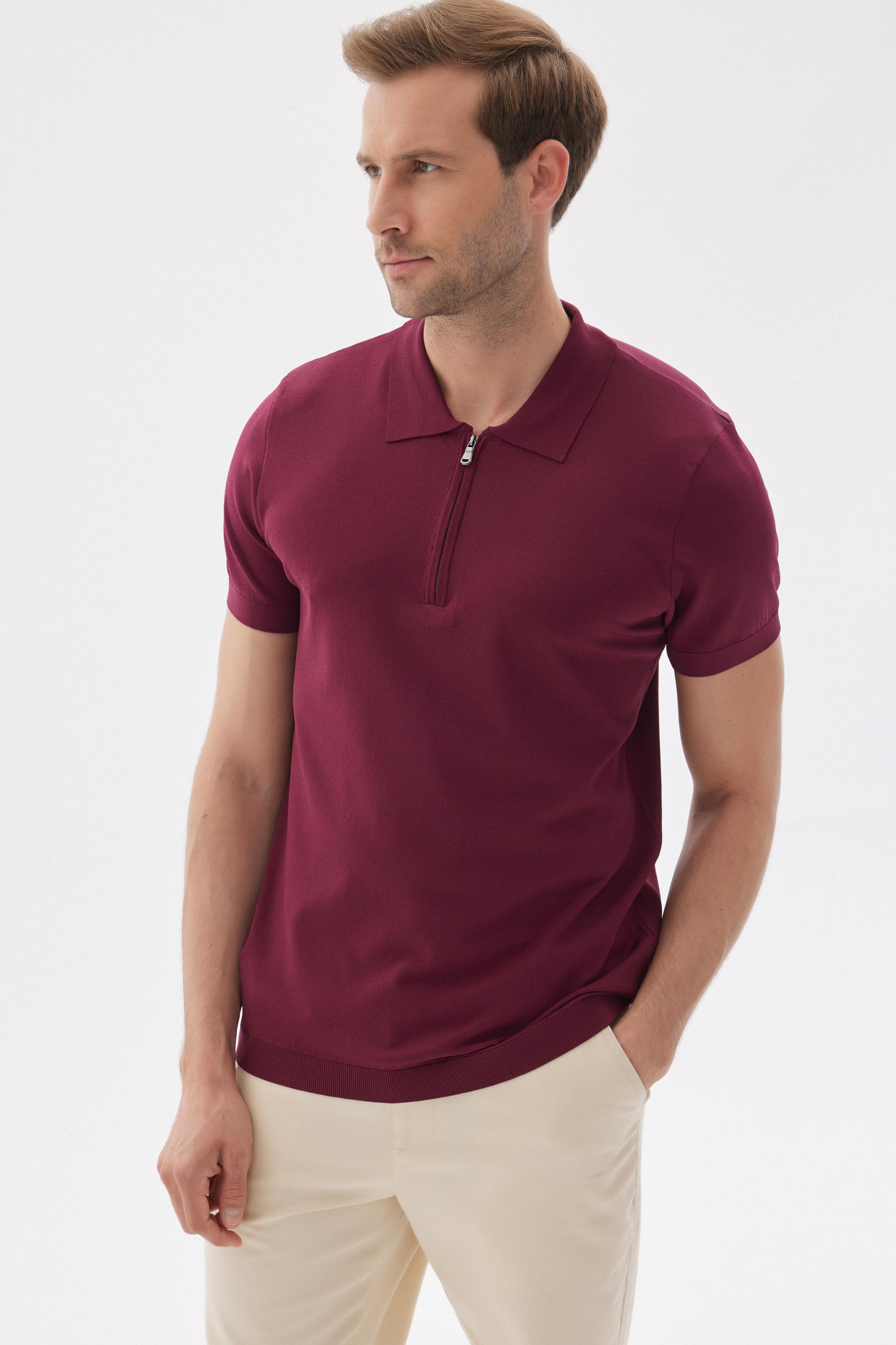 LIMITED Erkek Düz Fermuarlı Polo Yaka Rayon Triko Tişört Bordo