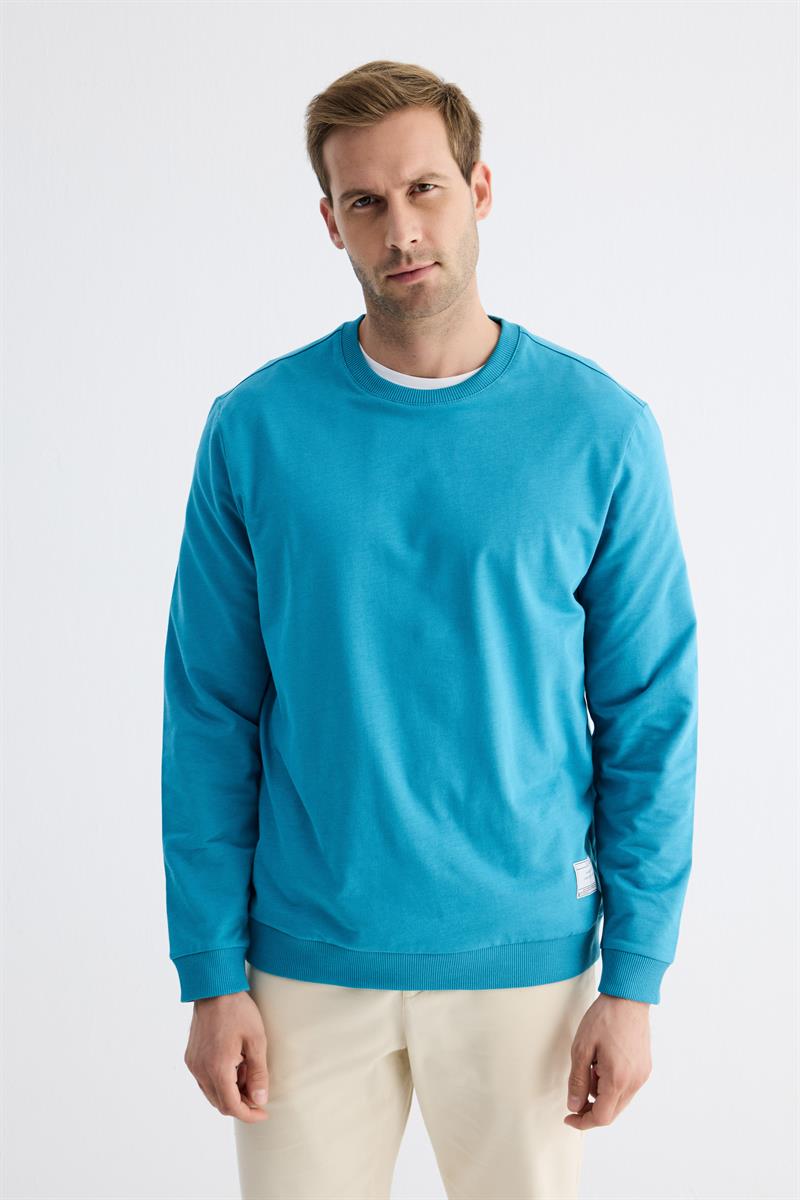 Erkek Basic Bisiklet Yaka Rahat Kalıp Düz Sweatshirt Turkuaz