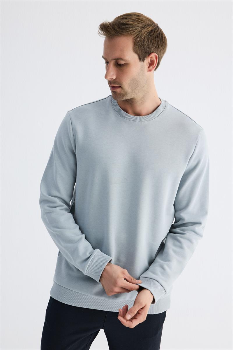 Erkek Basic Bisiklet Yaka Rahat Kalıp Düz Sweatshirt Mavi