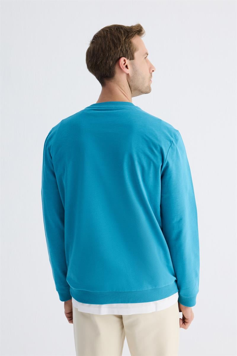 Erkek Basic Bisiklet Yaka Rahat Kalıp Düz Sweatshirt Turkuaz