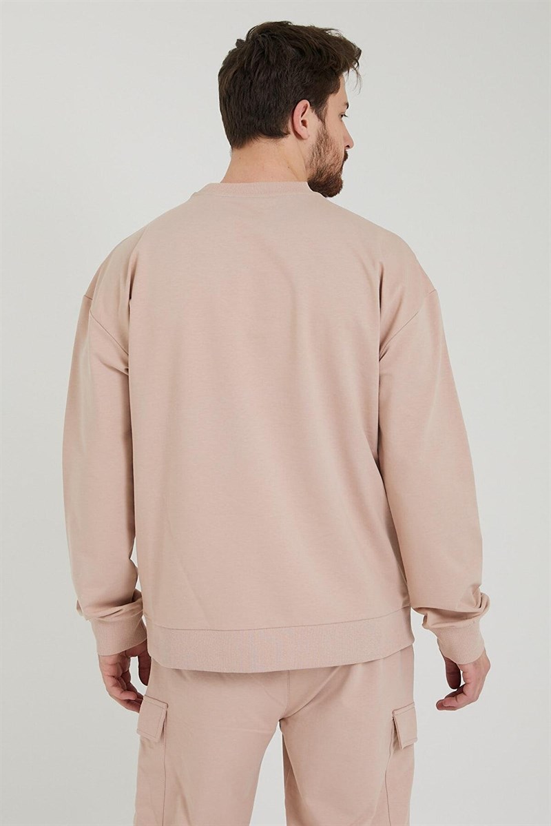 Erkek Bisiklet Yaka Oversize Sweatshirt Pudra