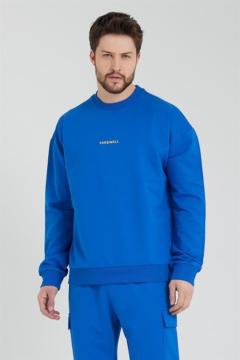 Erkek Bisiklet Yaka Oversize Sweatshirt Saks