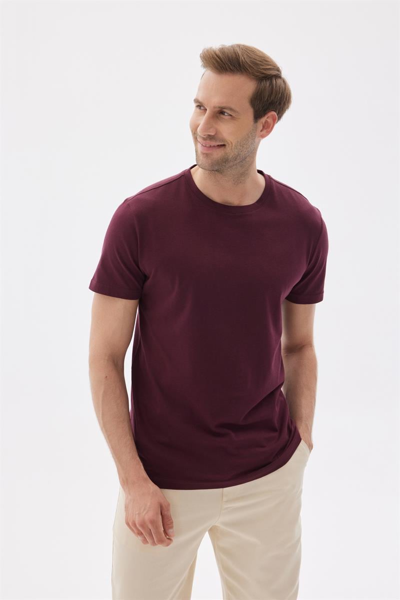 Erkek Bisiklet Yaka Slim Fit Basic Tişört Bordo