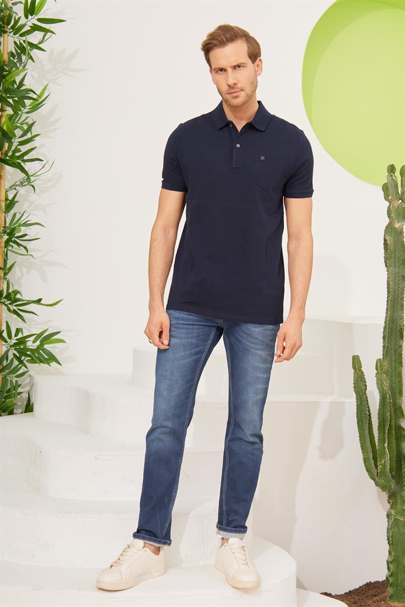 Erkek Cepli Regular Fit Düz Polo Yaka T-Shirt Lacivert